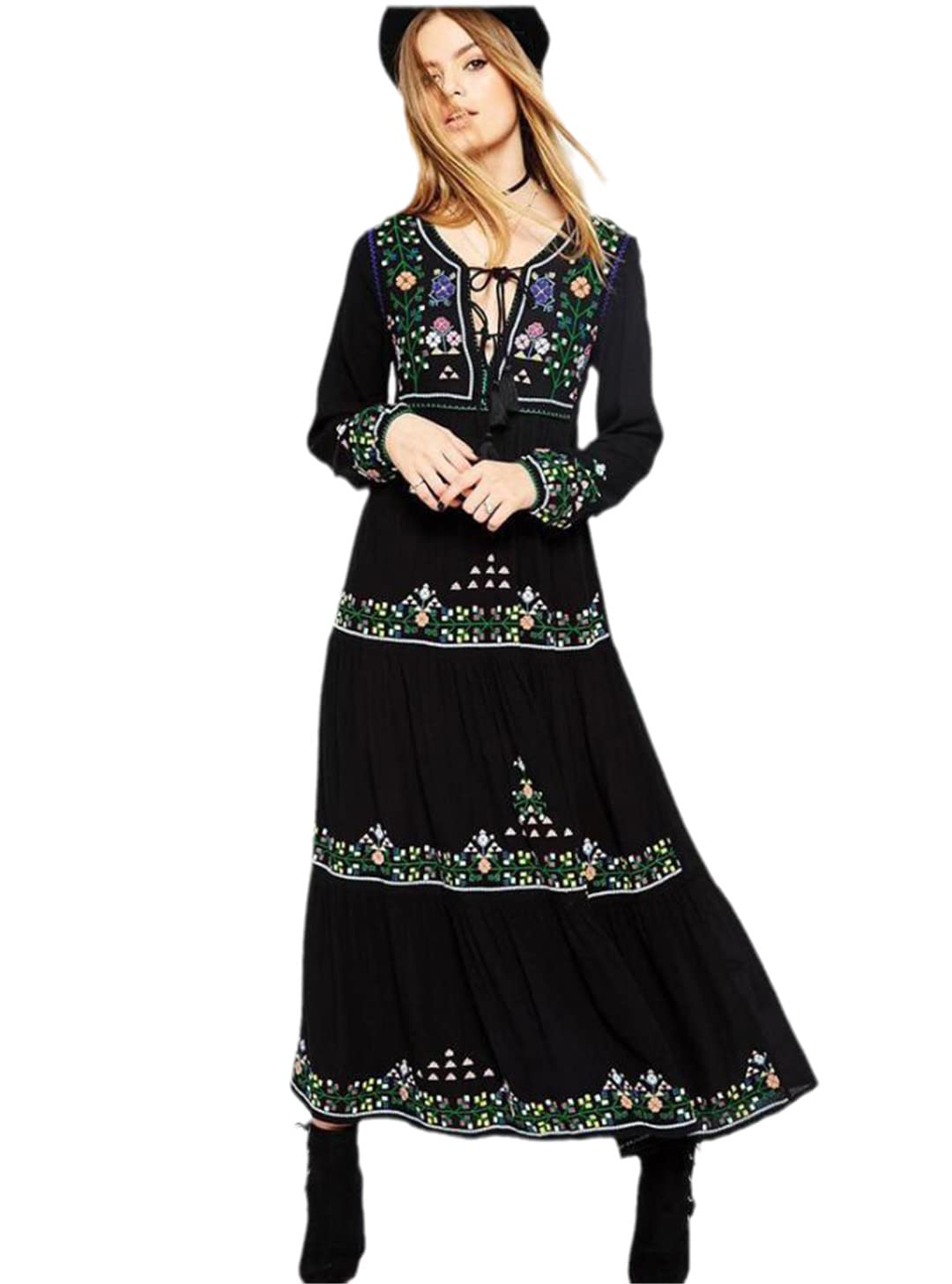 Women's Black Floral Embroidered Boho Maxi Dress - Vintage Long Sleeve Crew Neck Fringe Dress for Casual Wear, Beach Cover Up & Festival Outfits