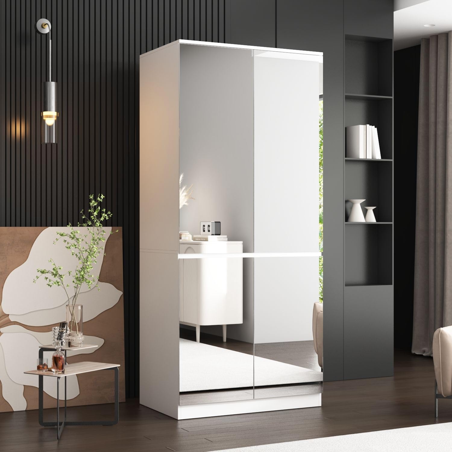 FAMAPY 4-Door Wardrobe Closet with Full-Length Mirror, White Armoire with Hanging Rod & Shelves for Bedroom Storage (31.5