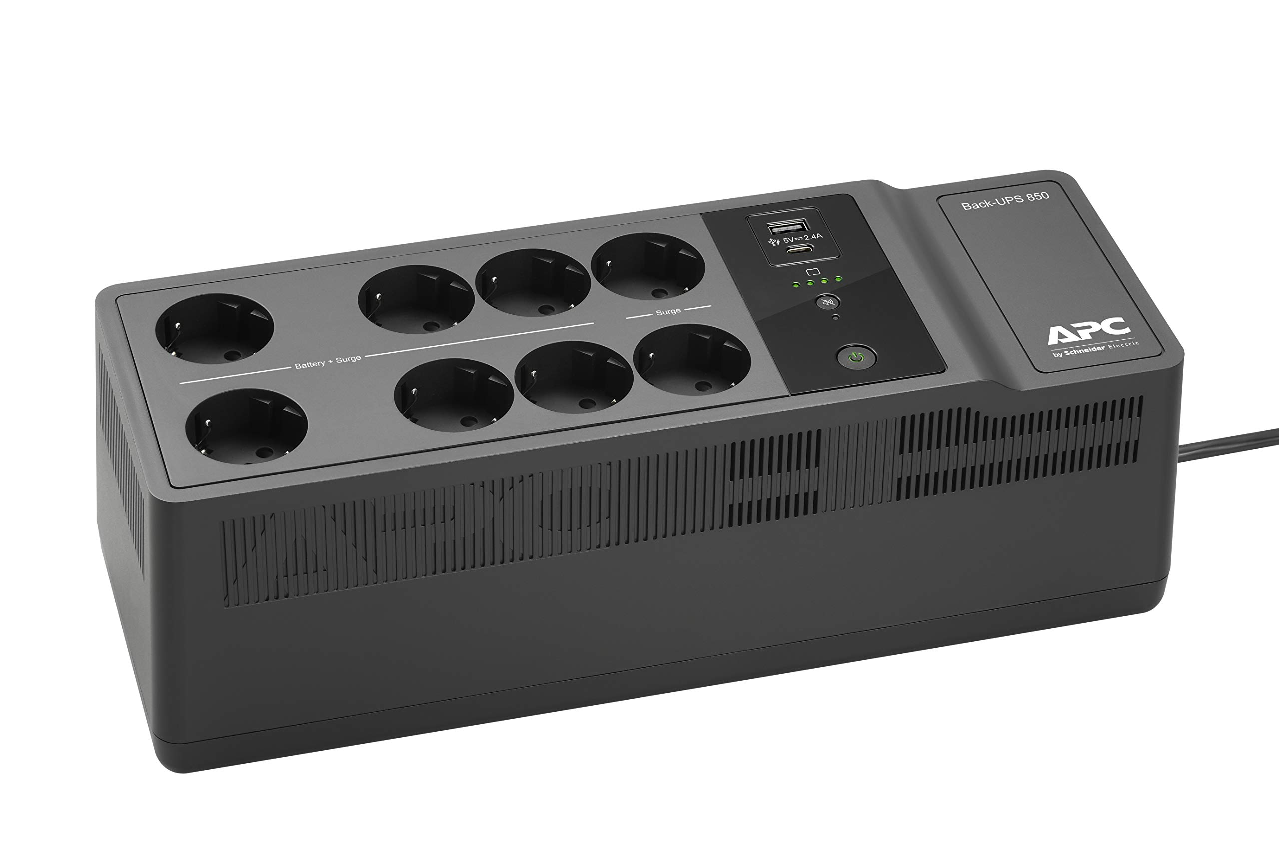 APC Back-UPS ES 850VA Battery Backup (BE850G2-SP) with 8 Schuko Outlets, USB-A & USB-C Charging Ports - Power Protection for Home Office, Gaming PC & Network Equipment