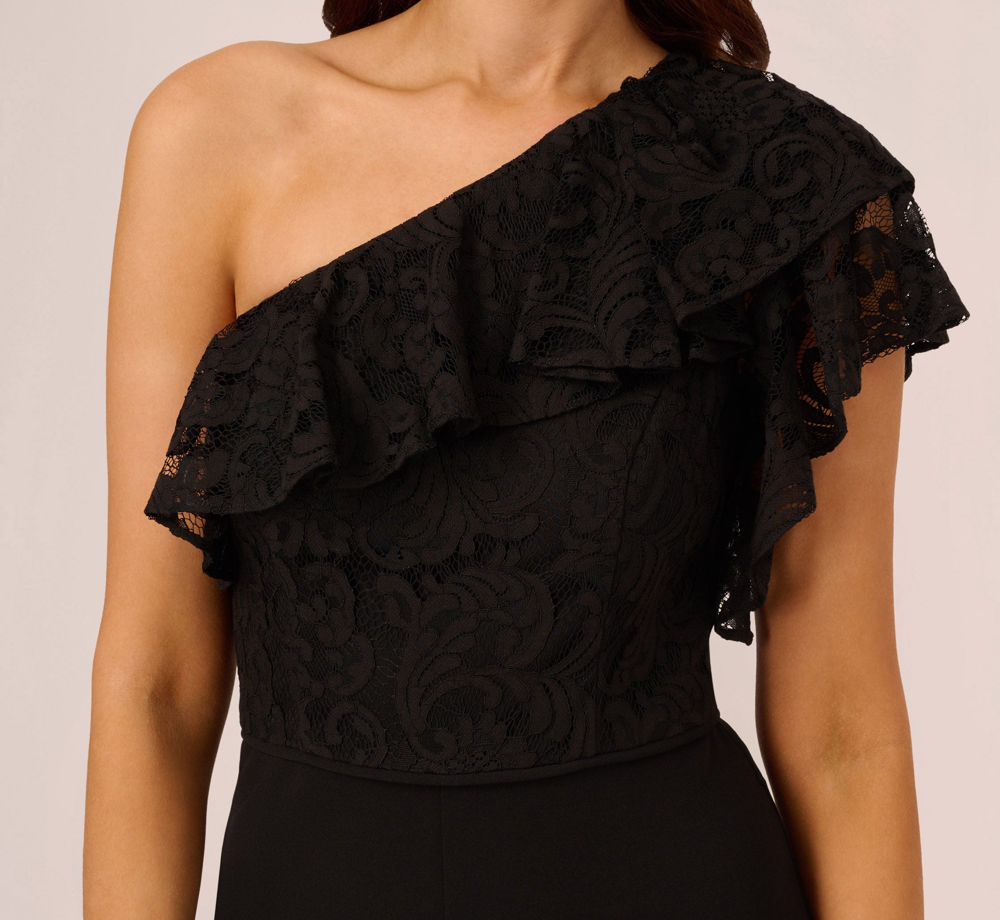 Elegant Black One Shoulder Crepe Jumpsuit with Lace Ruffle Details - Perfect for Evening Parties, Weddings & Special Occasions
