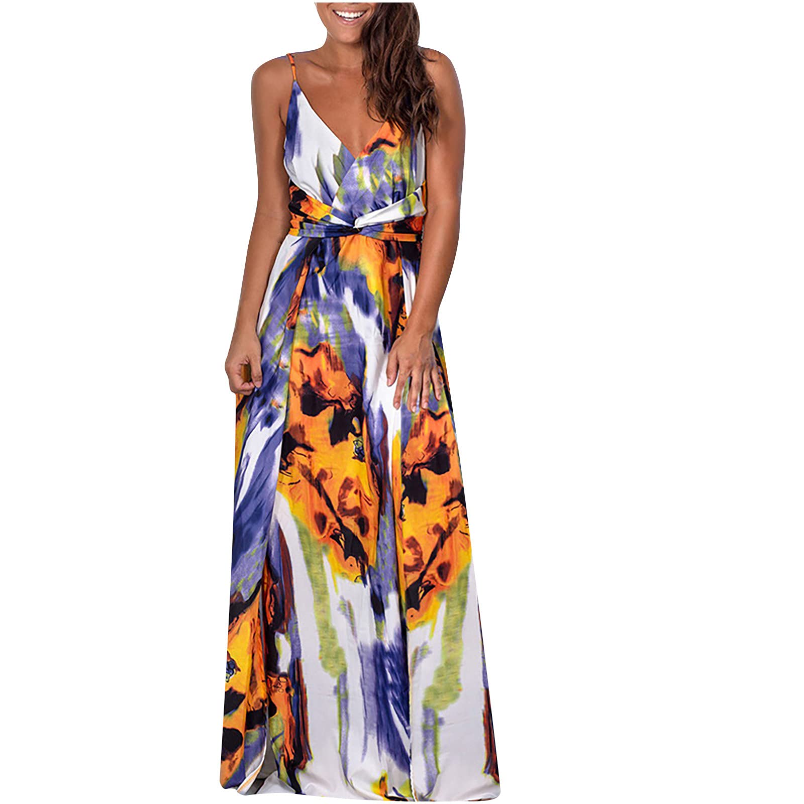 BoomDDD Women's Bohemian Floral Print Spaghetti Strap Sundress - Deep V Neck Sleeveless Summer Beach Dress for Vacation, Pool Party & Casual Outings
