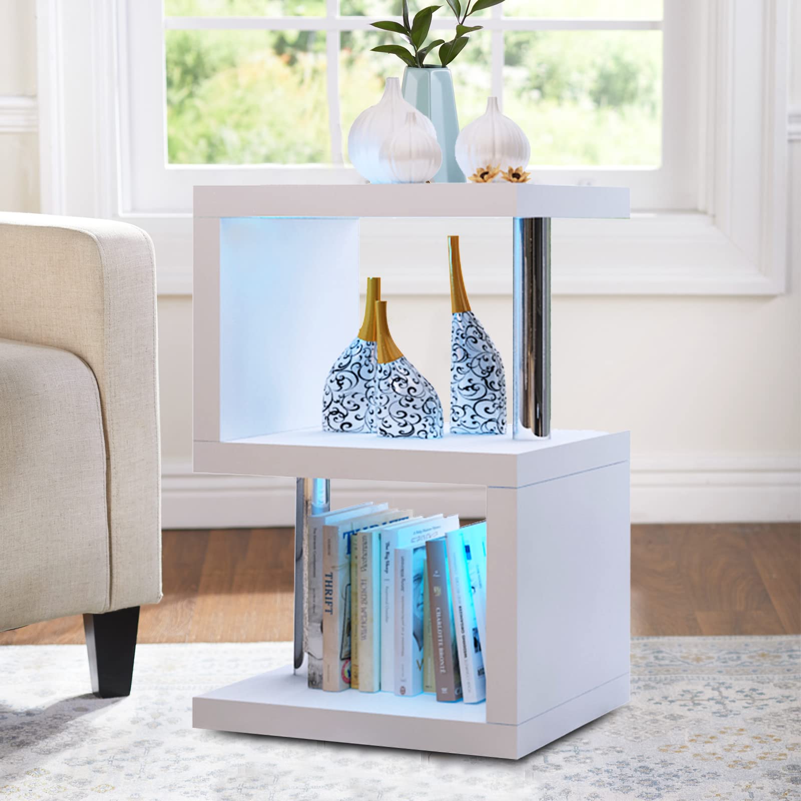 16 Colors LED High Gloss End Table with 3-Tier Storage - Modern Nightstand & Sofa Side Table for Bedroom & Living Room | Perfect for Small Spaces, Home Decor & Ambient Lighting