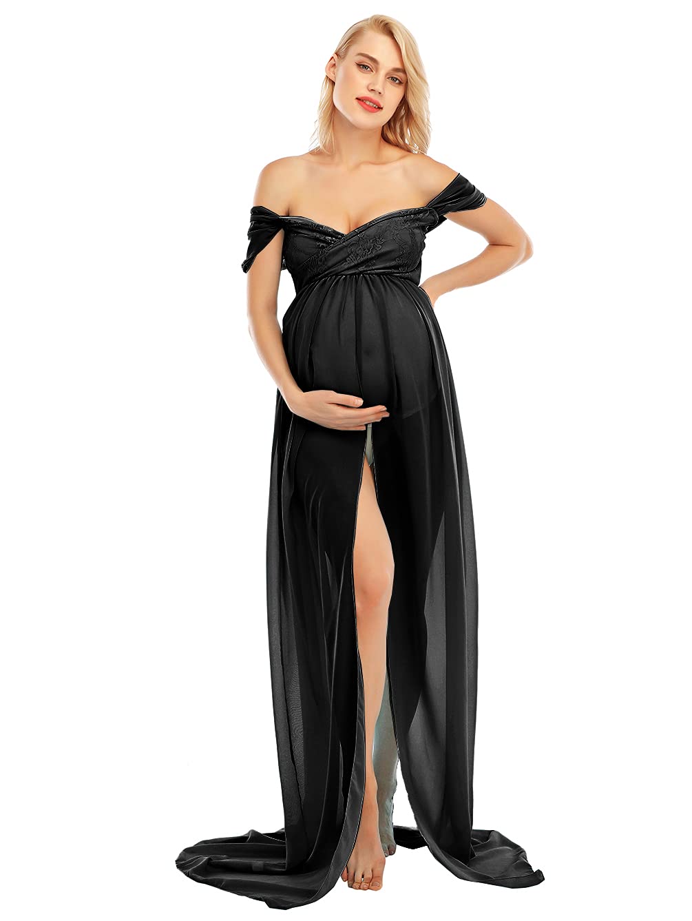 Elegant Maternity Off Shoulder Chiffon Maxi Dress with Split Front - Perfect for Pregnancy Photoshoots, Baby Showers & Special Occasions