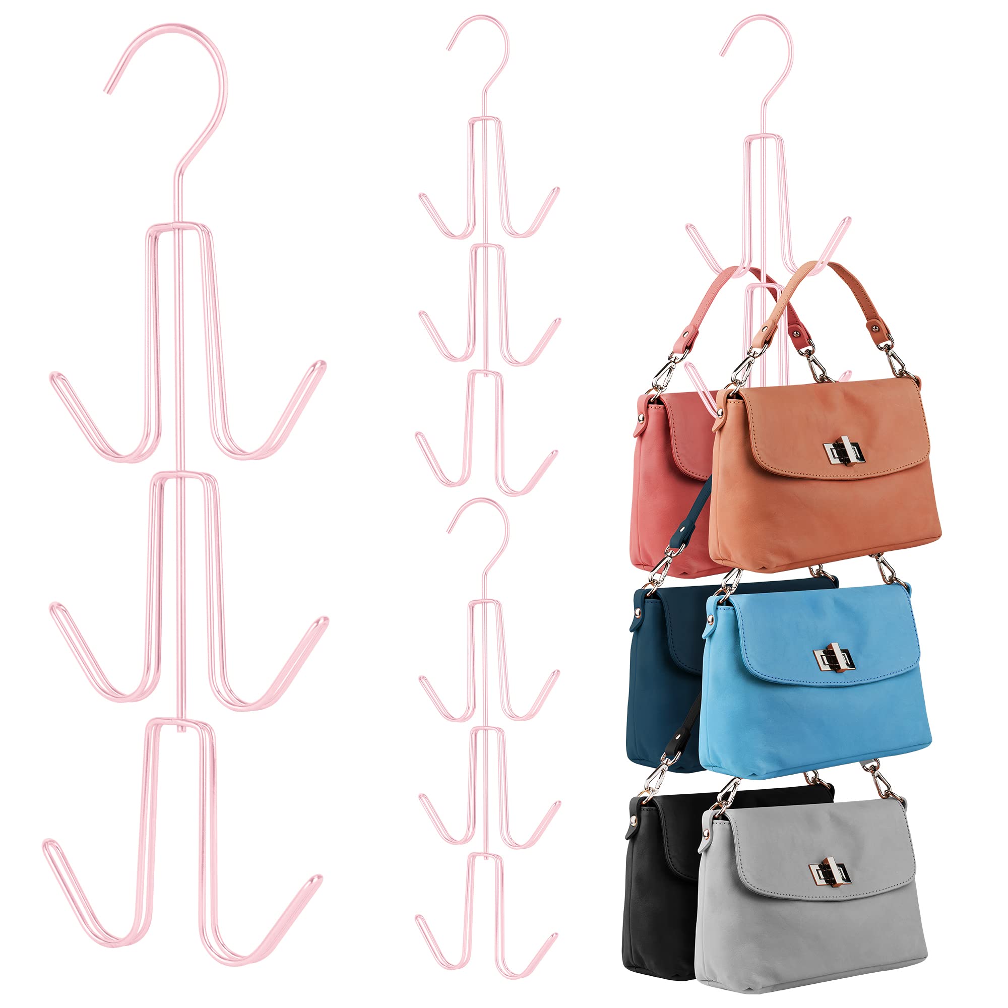 ZEDODIER 4-Pack Metal Purse Hanger Organizer for Closet - Space Saving Handbag & Backpack Storage Hook Rack to Keep Purses Visible & Protected (Pink) - Perfect for Bedroom, Walk-In Closet & Dorm Organization