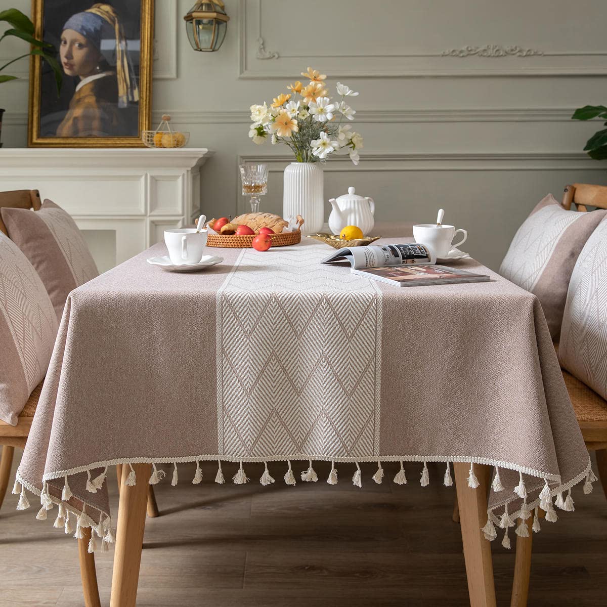 Premium Knitted Embroidery Cotton Linen Tablecloth - 55x55 Inch Brown Rectangle Textured Tassel Table Cover for Kitchen, Dining Room, Picnic & Party Decorations