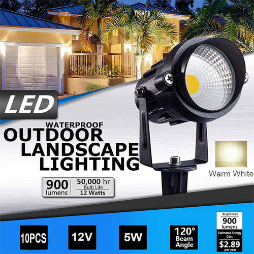 10X LED Spotlights - 12V Waterproof Outdoor Landscape Lighting, Warm White Garden Yard Lights for Pathway, Patio, Deck, and Pool Area Illumination