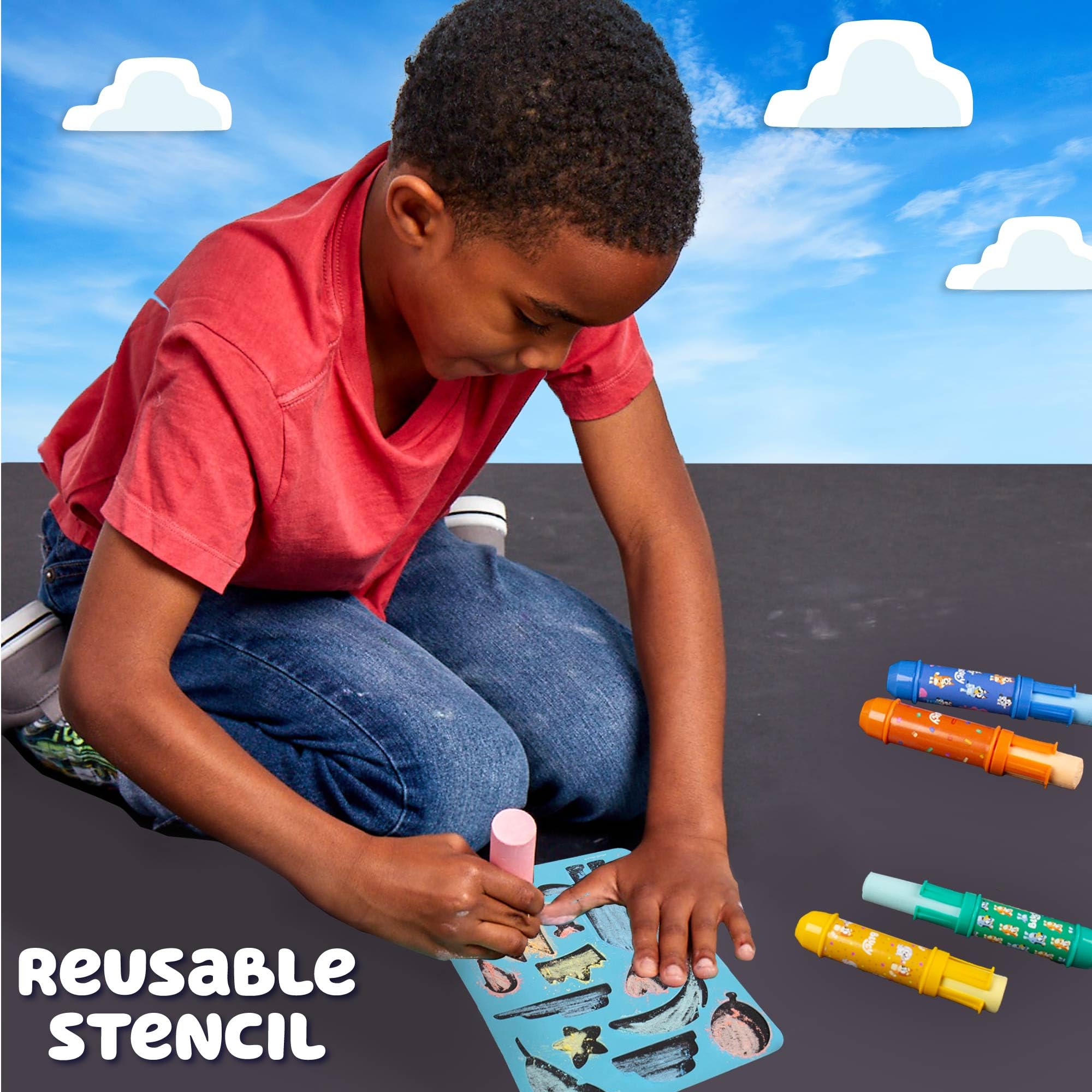 Official Bluey Chalk Art Set - 5-Pack Vibrant Sidewalk Chalk for Kids with Chalk Holders & Reusable Stencil | Outdoor Drawing Toys for Toddlers Ages 1-3 | Perfect for Bluey Birthday Parties, Summer Play & Creative Sidewalk Art