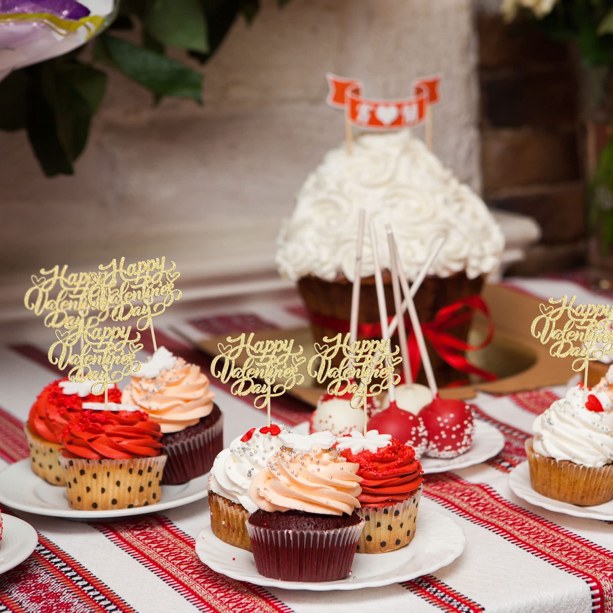 24Pcs Valentine's Day Cupcake Toppers - Glitter Sweet Love Be Mine Cake Decorations for Valentine's Party, Birthday, Anniversary & Romantic Celebrations - Gold Heart Picks for Cupcakes, Cakes & Desserts