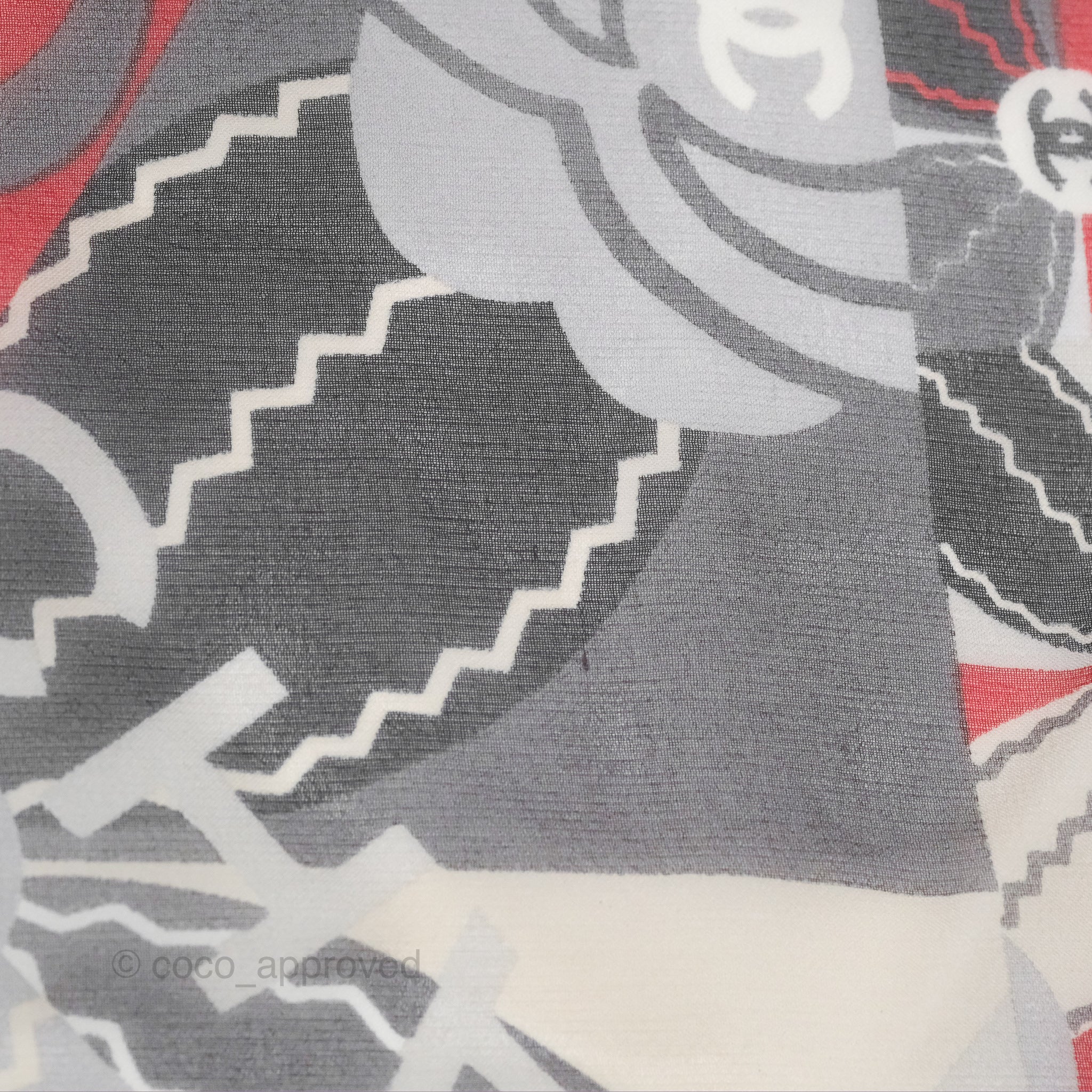 Chanel CC Silk Square Scarf 90 - Elegant Grey Red White Pattern - Luxury Fashion Accessory for Women - Perfect for Gifts, Parties, and Everyday Style