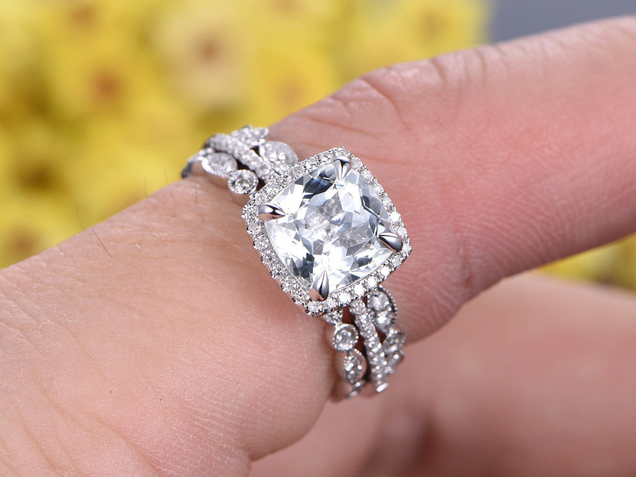 2.2 Carat Cushion Cut Aquamarine and Diamond Bridal Set, 14K White Gold Wedding Ring with Full Eternity Band - Perfect for Engagement, Anniversary, and Art Deco Style Jewelry Lovers