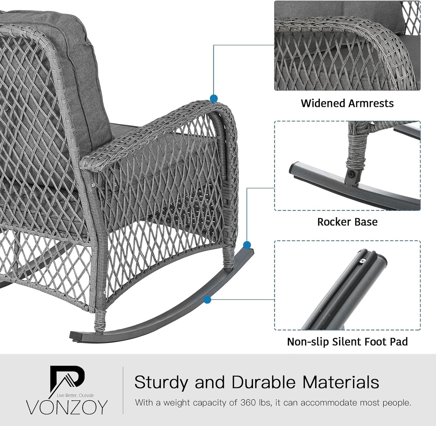 3-Piece Patio Furniture Set - Wicker Outdoor Rocking Bistro Set with Thick Cushions, Rocking Chairs & Coffee Table - Perfect for Porch, Backyard, Garden or Balcony (Grey) - Ideal for Relaxing, Entertaining & Outdoor Dining
