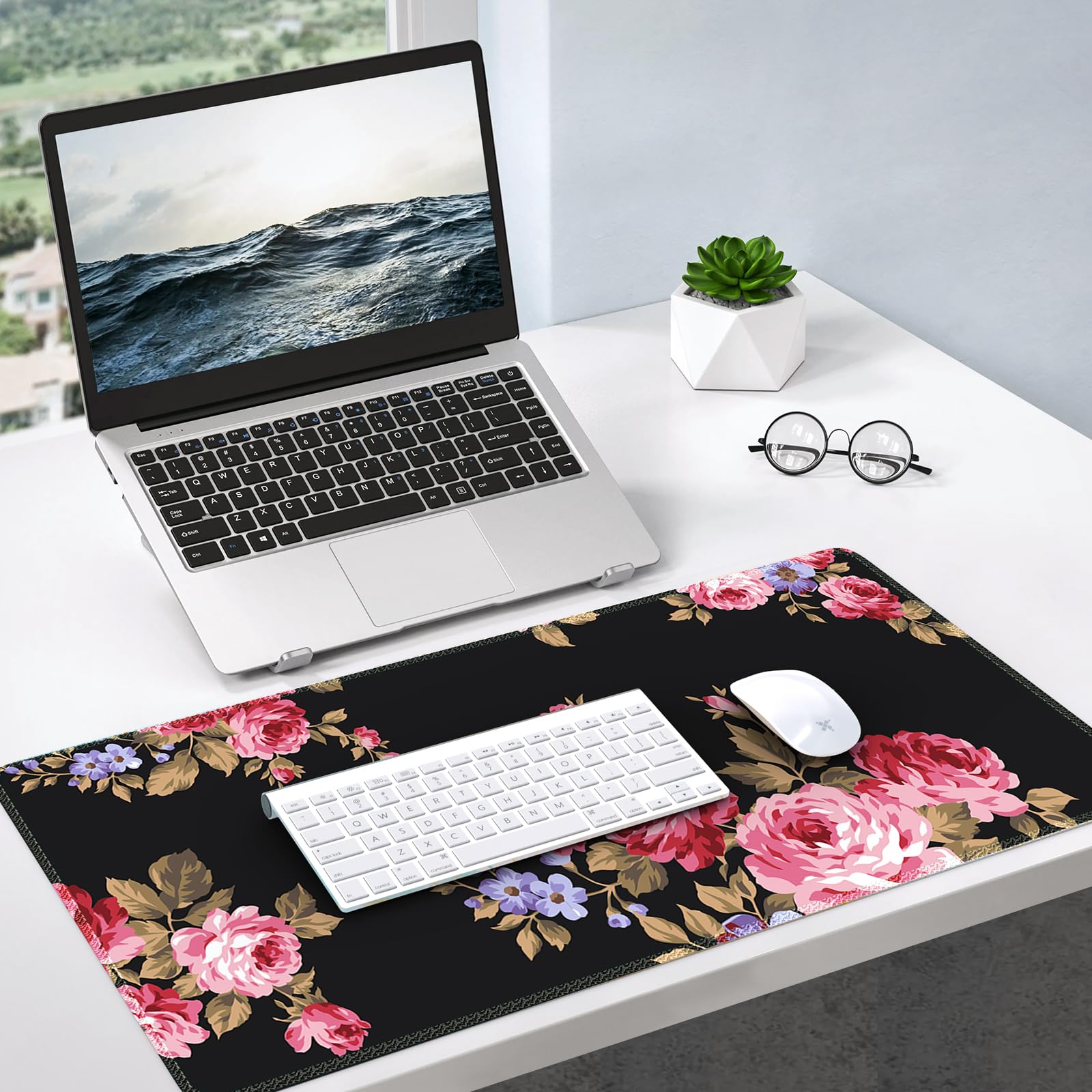 XXL Non-Slip Gaming Mouse Pad & Desk Mat - Floral Black Pink Large Keyboard Mat for Women, Home Office Decor | Perfect for Desktop, Laptop, Workstation & Gaming Setup