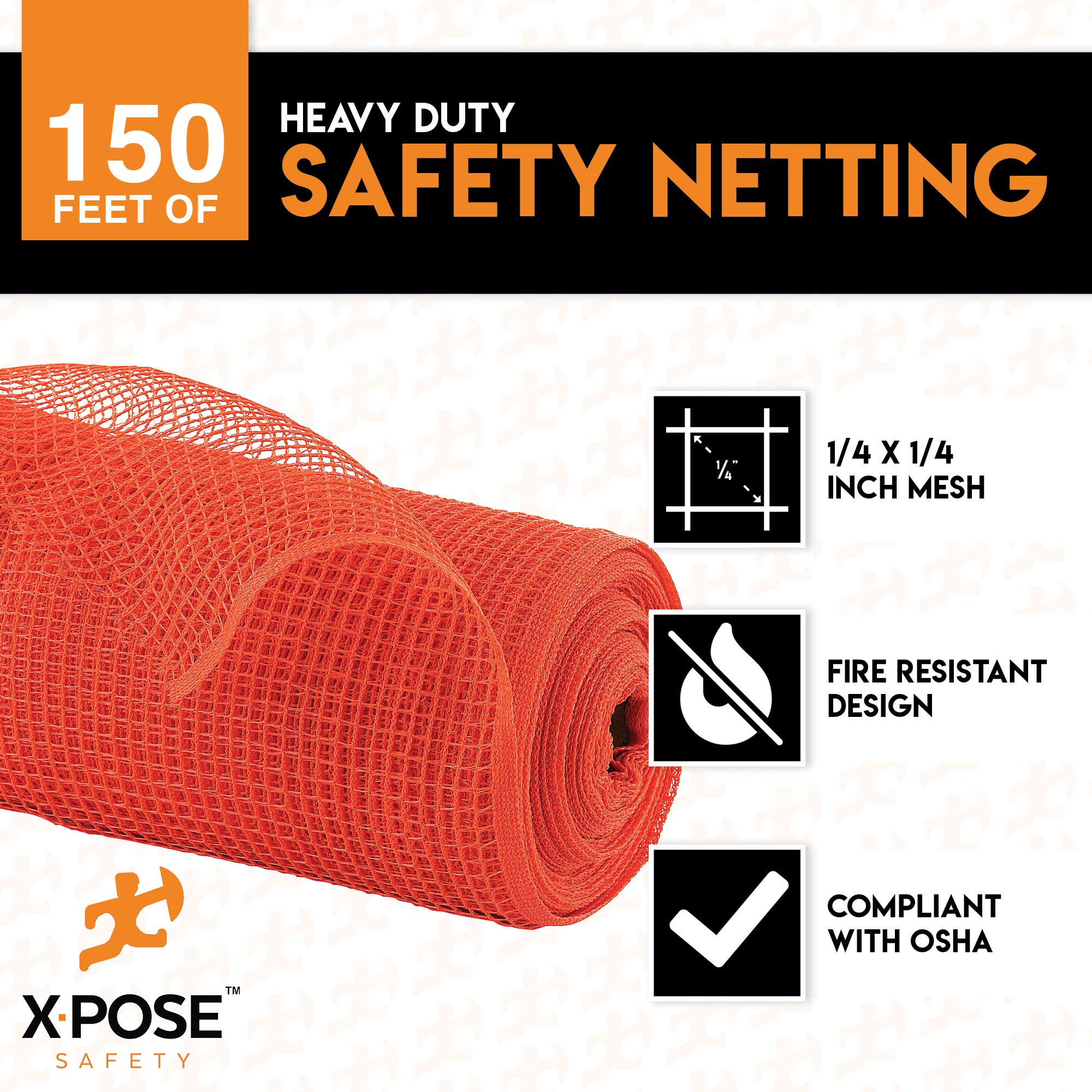 Heavy Duty Construction Safety Debris Netting - 4ft x 150ft Orange Fire Retardant Scaffold Net, 1/4