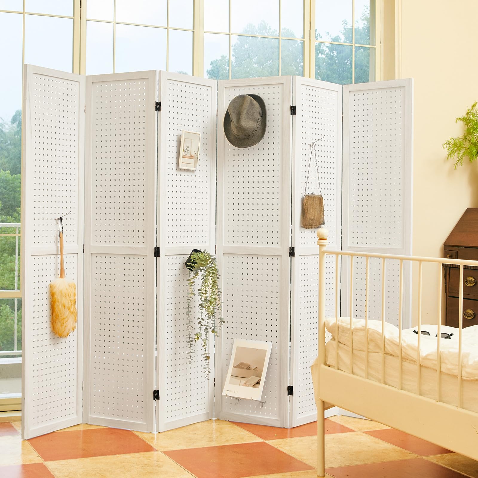 5.6Ft Wooden Room Divider & Pegboard Display - Folding Privacy Screen with 6 Panels, Portable Freestanding Wall Organizer for Retail, Craft & Art Display (White) - Perfect for Home Office, Classroom & Store Organization