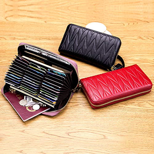 Women's RFID Blocking 36-Slot Leather Zipper Wristlet Wallet - Secure Card Holder for Travel, Shopping & Everyday Use