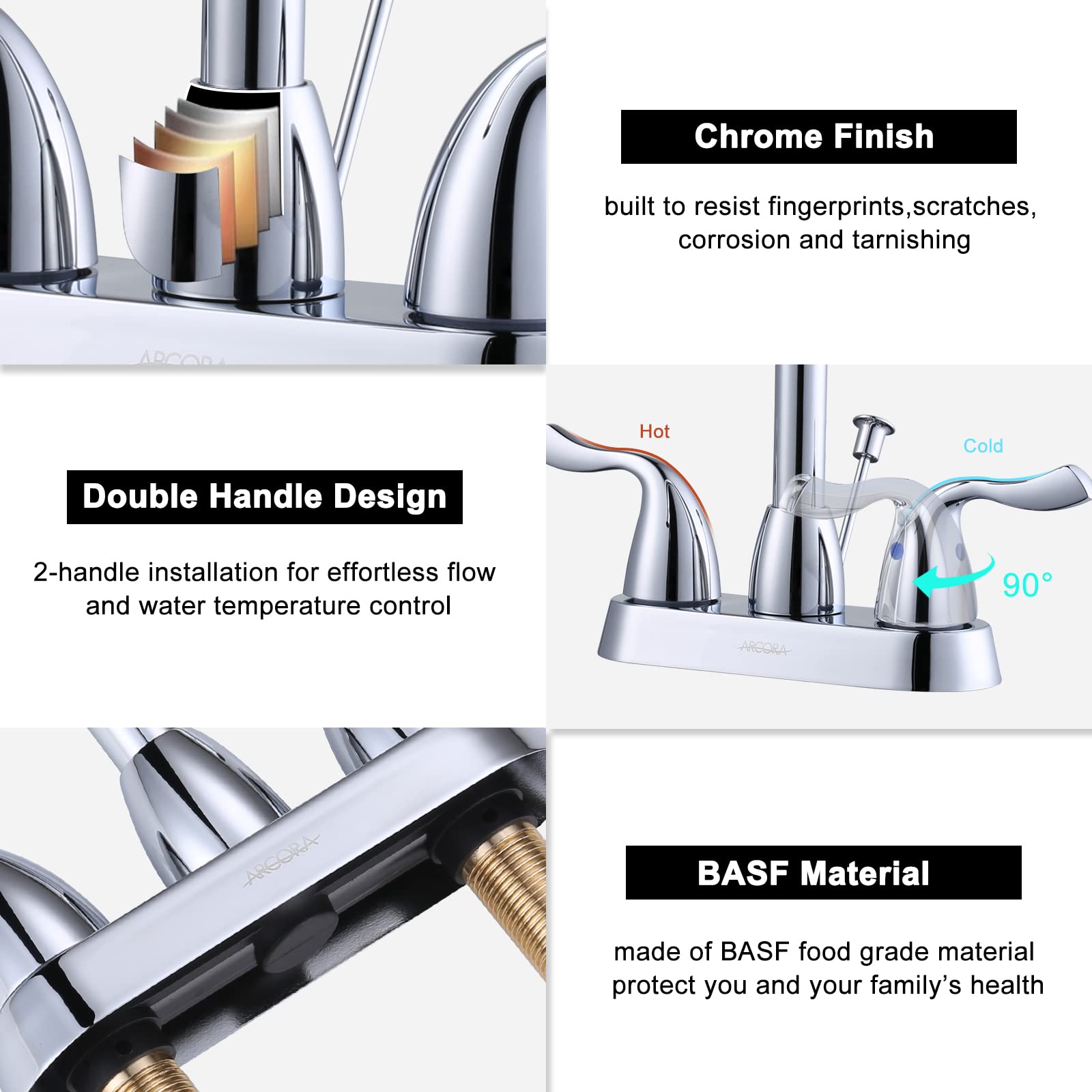 ARCORA 2-Handle 4-Inch Centerset Bathroom Faucet in Chrome - Includes Drain Assembly & Supply Hoses - 3-Hole Mount Bathroom Sink Faucet for Vanities, Powder Rooms & Guest Baths