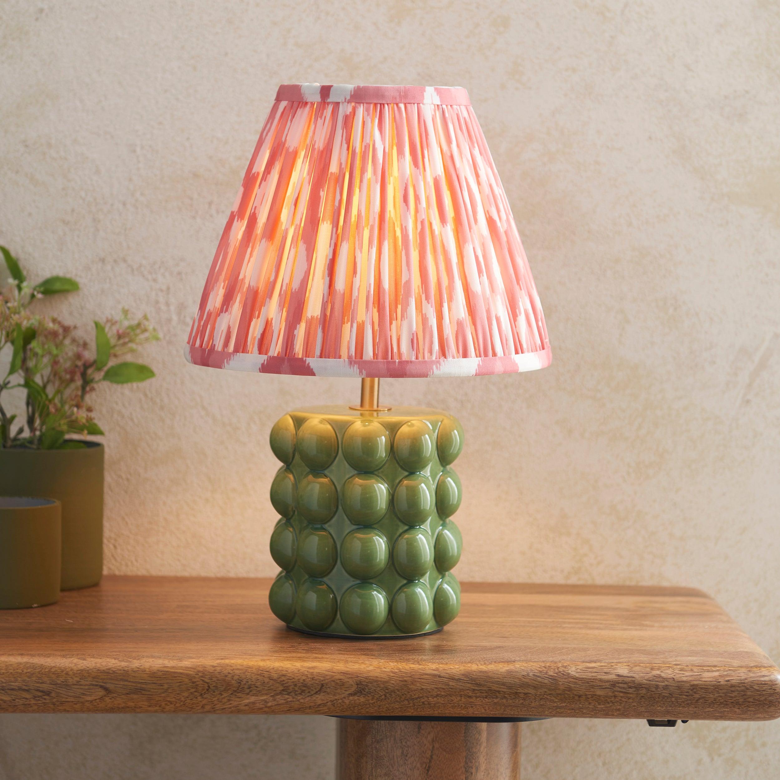 Bobble Ceramic Table Lamp with Ikat Pattern 25cm Coral Pink Shade - Perfect for Bedroom Nightstand, Living Room Decor & Office Lighting