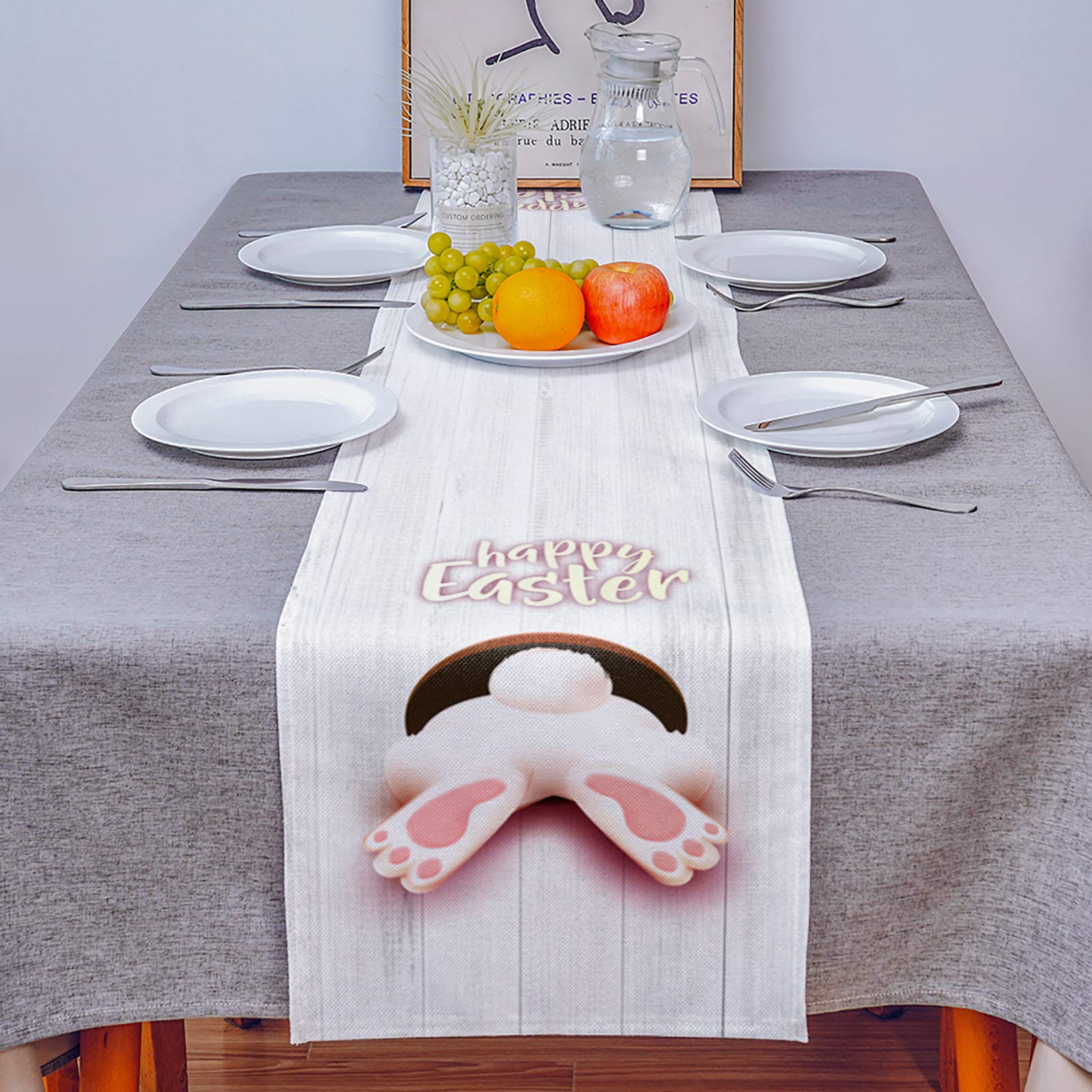 Easter Cotton Linen Table Runner - 18x72 Inch Farmhouse Kitchen Decor with Bunny Design for Dining Table, Holiday Parties & Rustic Home Decoration - Perfect for Easter Dinner, Spring Celebrations and Farmhouse Style Decorating