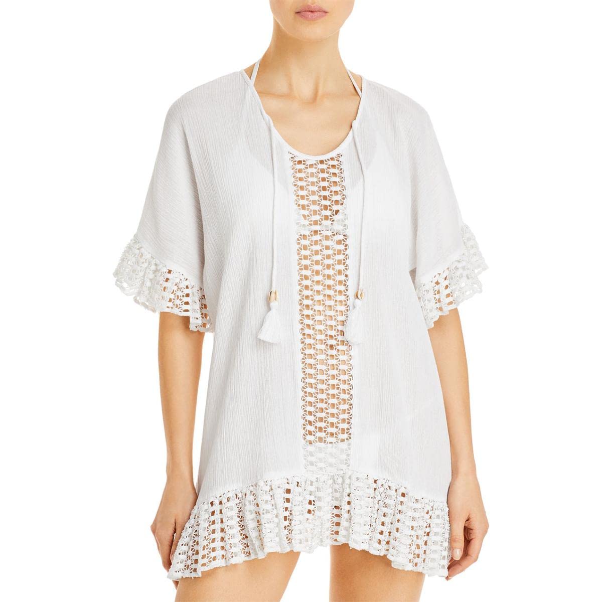 Women's Sheer Knee-Length Dress Swim Cover-Up - White M | Beachwear, Poolside Cover, Summer Vacation Outfit, Resort Wear