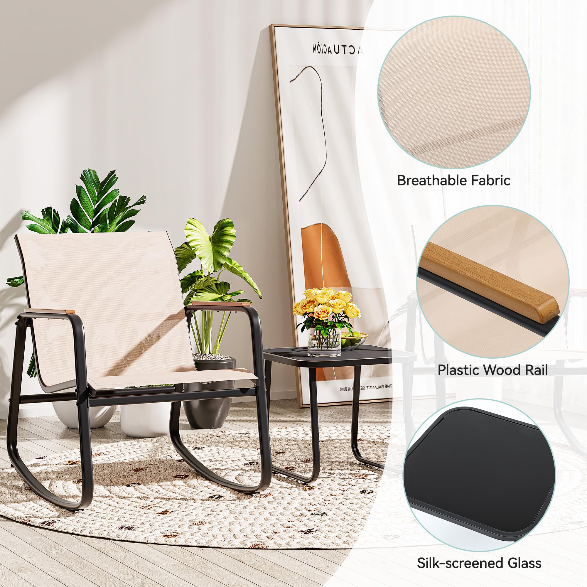 YITAHOME 3-Piece Outdoor Rocking Bistro Set with Wooden Armrests & Glass Table - Patio Furniture for Garden, Balcony, Poolside & Porch - Beige Rattan Chairs for Relaxing & Entertaining