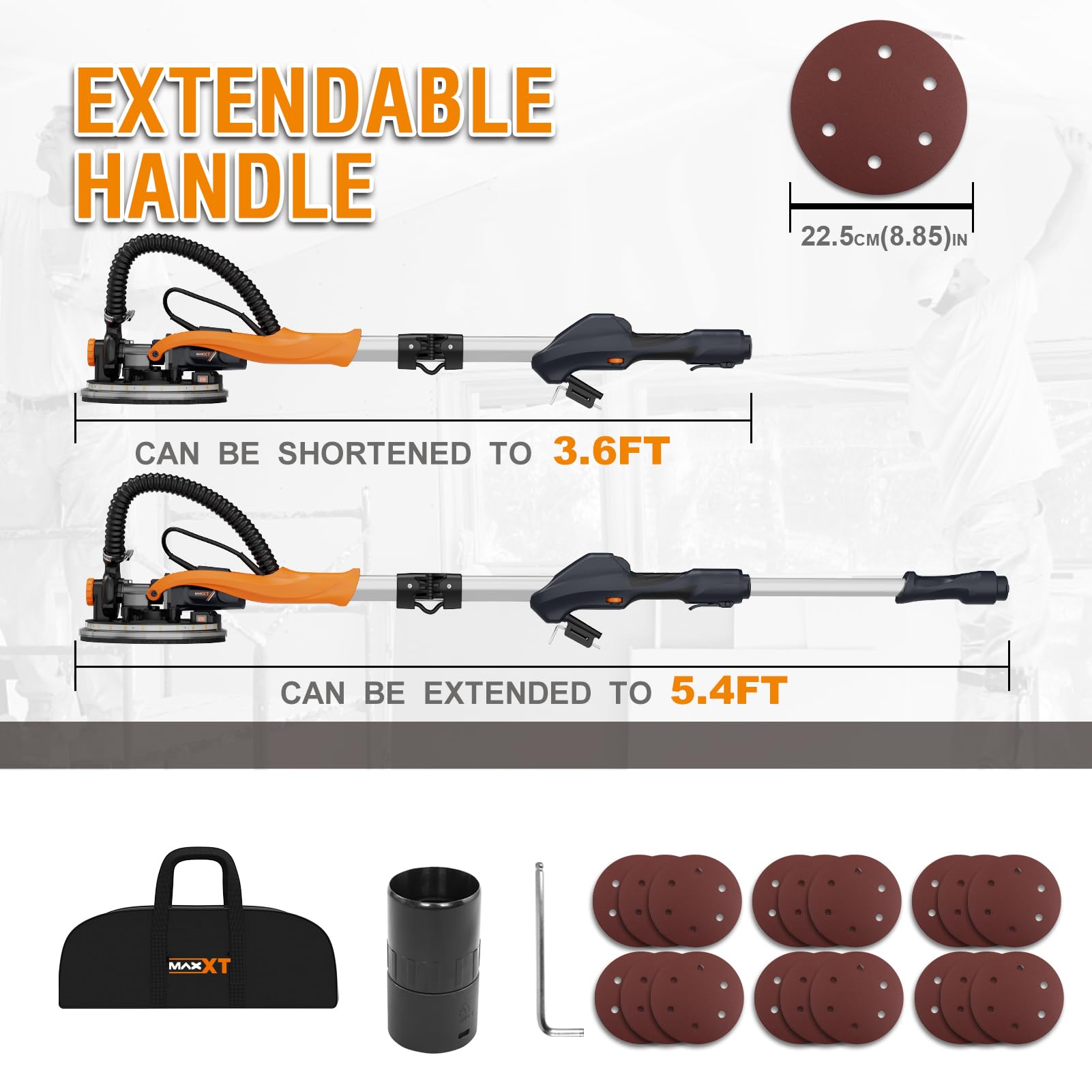 MAXXT Electric Drywall Sander with Vacuum Dust Collection - 6-Speed Adjustable (600-1900RPM) Wall Sander for Popcorn Ceiling Removal, Includes LED Light & 18 Sanding Discs - Perfect for Home Renovation, Drywall Repair and DIY Projects