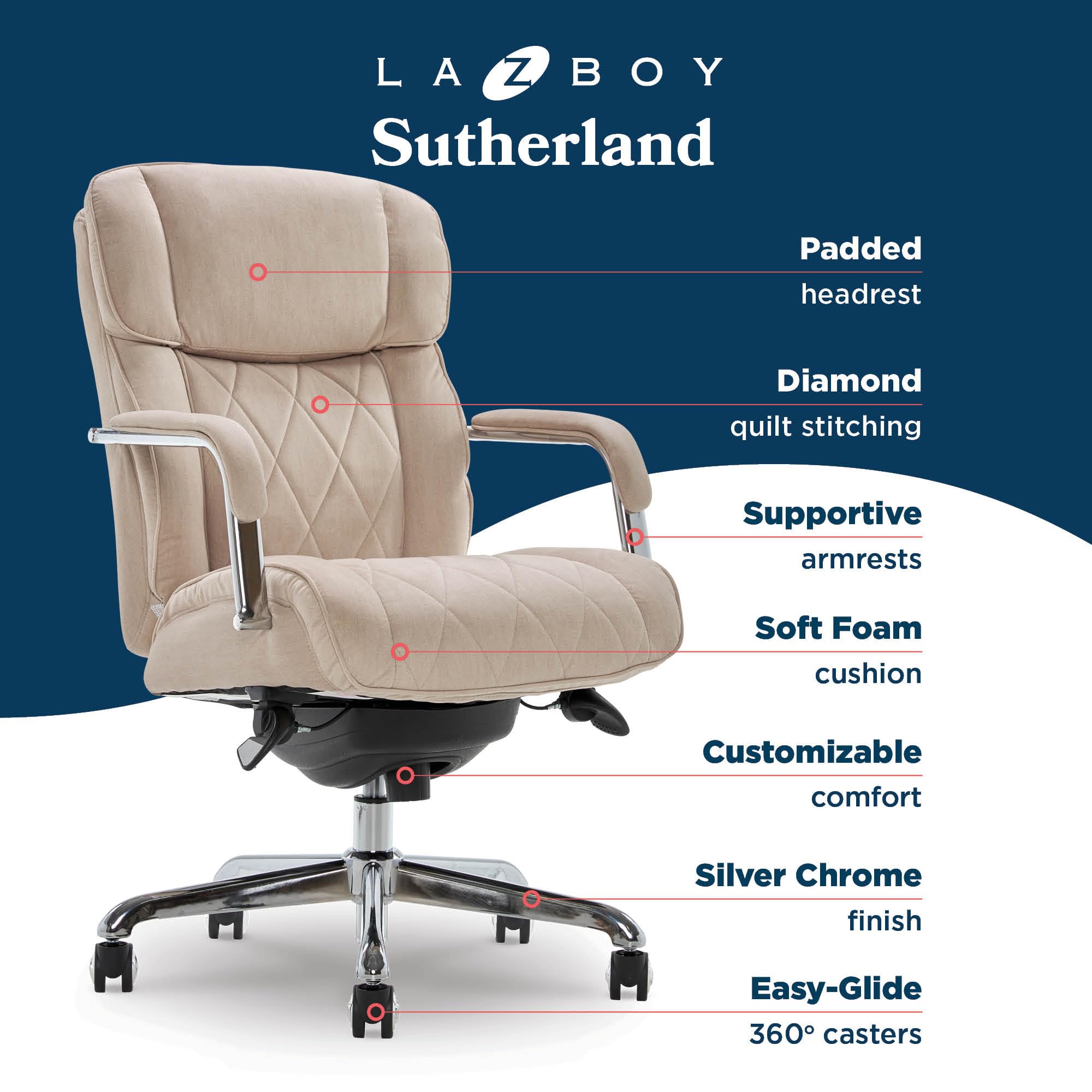 La-Z-Boy Sutherland Quilted Leather Executive Office Chair - High Back Ergonomic Desk Chair with Lumbar Support & Padded Arms - Cream Microfiber Fabric - Perfect for Home Office, Gaming & Workspaces