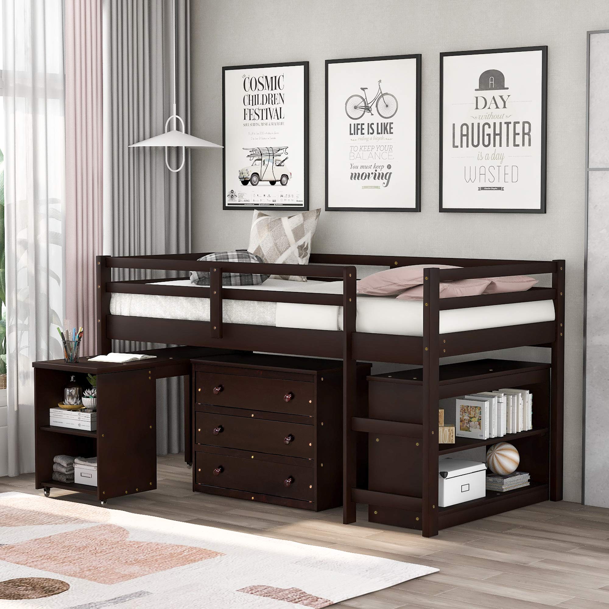 Solid Wood Twin Size Loft Bed with Cabinet & Rolling Desk - Kids & Teens Study Bedroom Furniture (Espresso) - Perfect for Small Spaces, Dorm Rooms & Shared Kids' Bedrooms