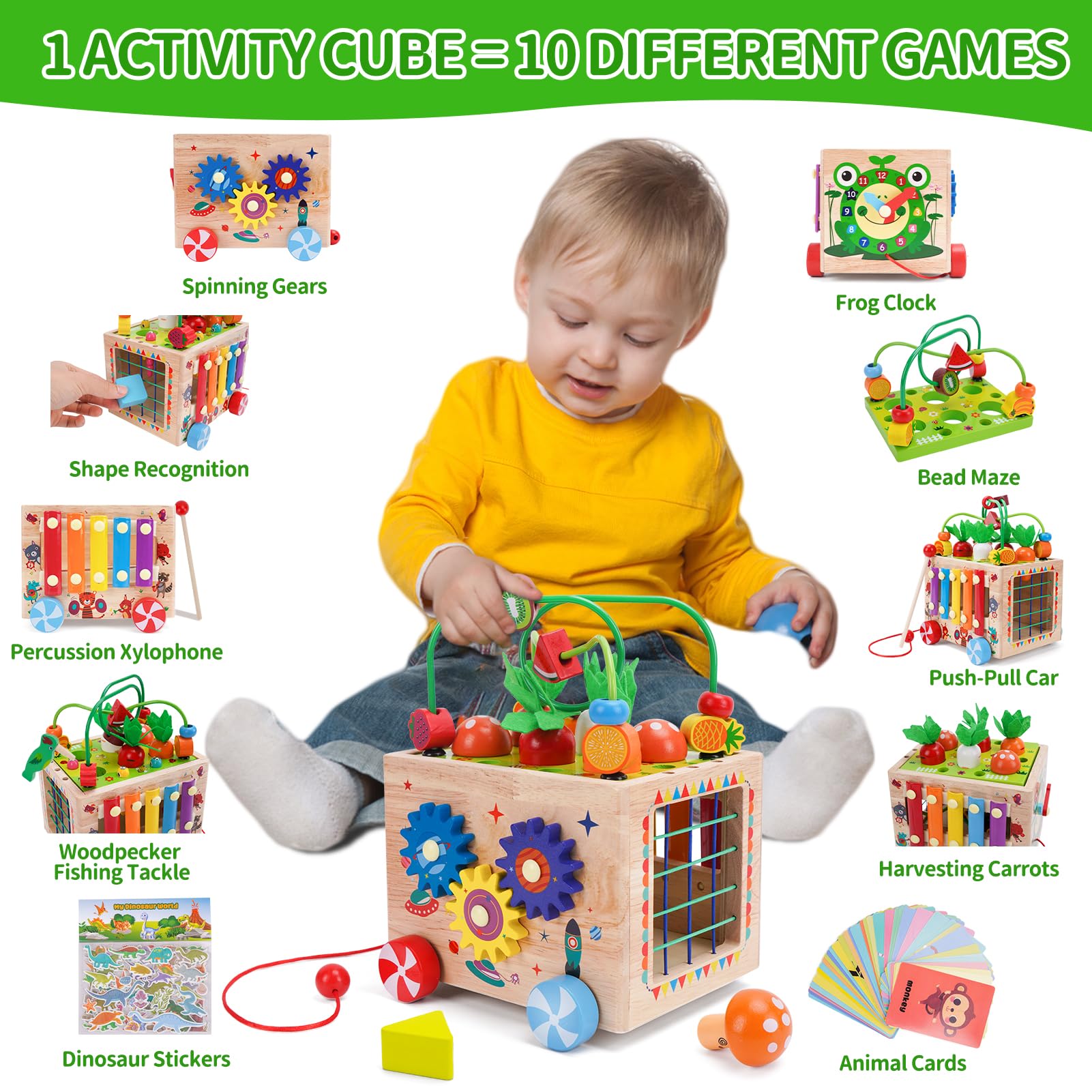**9-in-1 Wooden Activity Cube – Montessori Baby Toys for Toddlers 18M+ | Educational Learning & Sorting Stacking Toys | Birthday Gifts for Boys & Girls (Bonus Stickers & Animal Cards) – Perfect for Playtime, Daycare & Early Childhood Development**