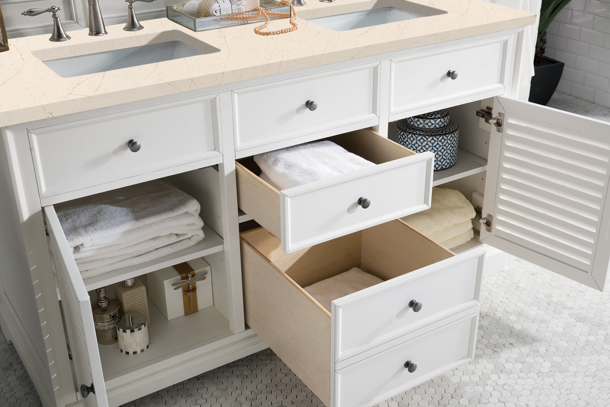 Savannah 60 Inch Double Vanity Cabinet with 3CM Eternal Marfil Quartz Top - Bright White Bathroom Vanity for Master Bath & Guest Bathroom Remodel