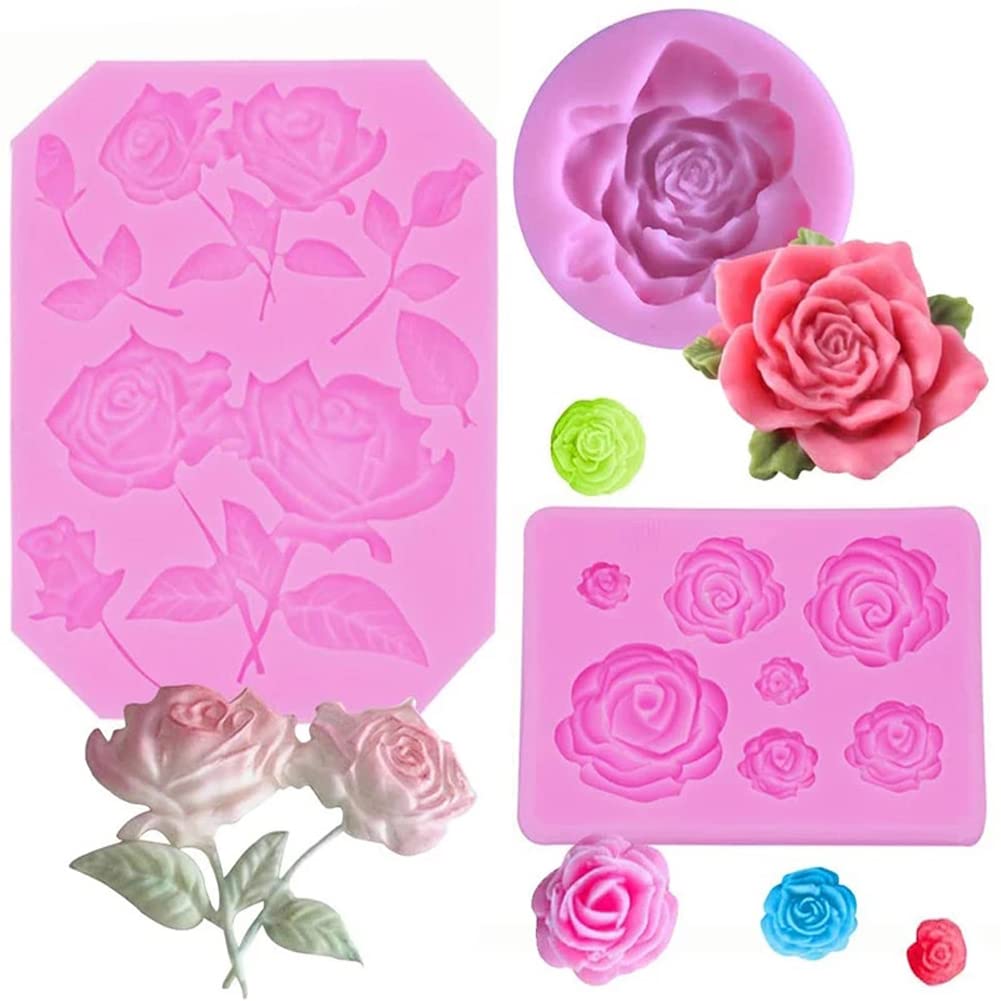 3PCS 3D Flower Fondant Mold Set - Rose Silicone Molds for Candle, Soap, Cake, Chocolate & Resin Crafts | DIY Dessert Decorations, Cupcake Toppers & Candy Molds | Perfect for Baking, Wedding Cakes, Party Treats & Handmade Gifts
