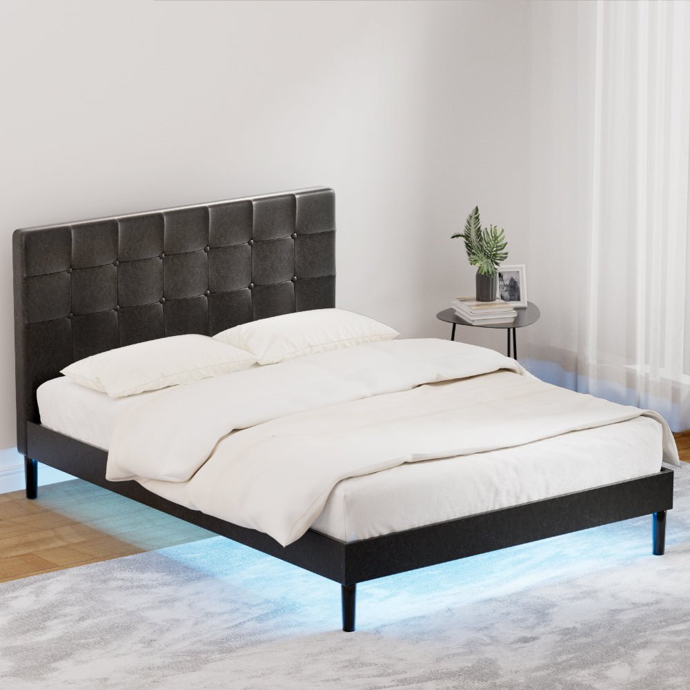 Double Package: Manly LED Bed Frame in Black & Bonita Pillow Top Medium Firm Mattress - Modern Bedroom Set for Adults with Ambient Lighting