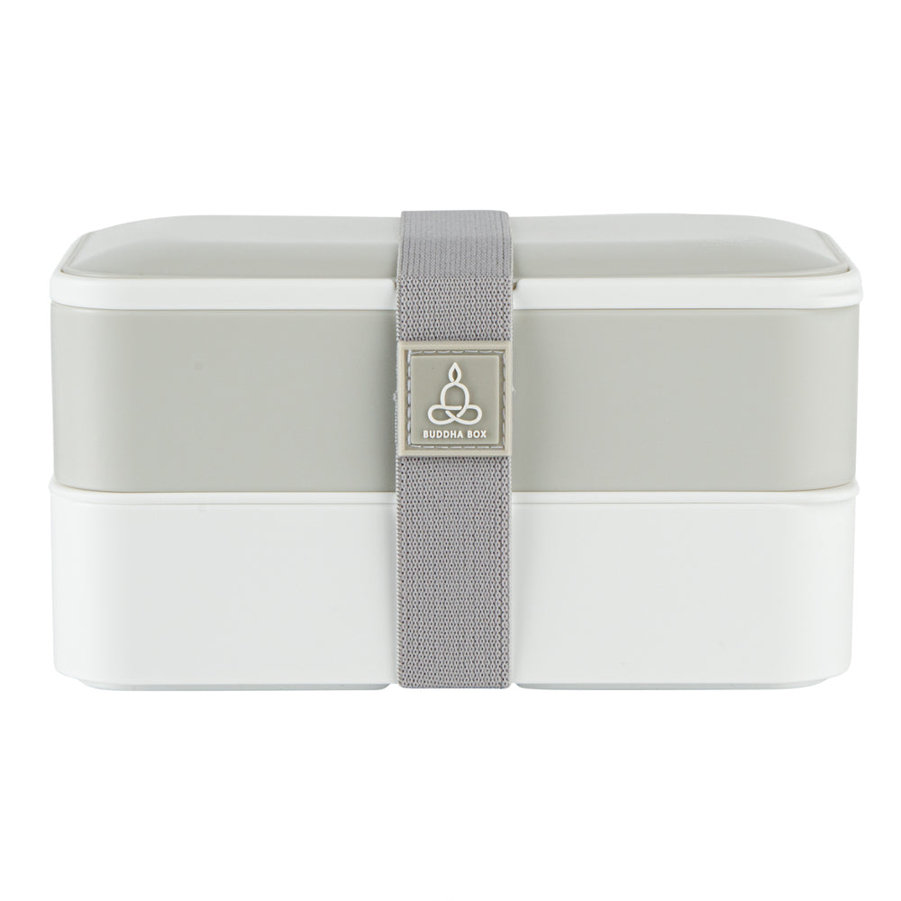 Bento Tek 41 oz Gray & White Buddha Box - All-in-One Lunch Container with Utensils & Sauce Cup (7.25
