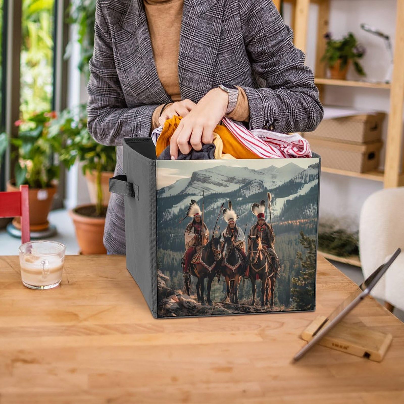 Native American Feathered Chief Folding Storage Cubes - Handled Organizer Bins for Home & Office Organization | Perfect for Closet, Shelf, and Toy Storage | 1-Piece Set