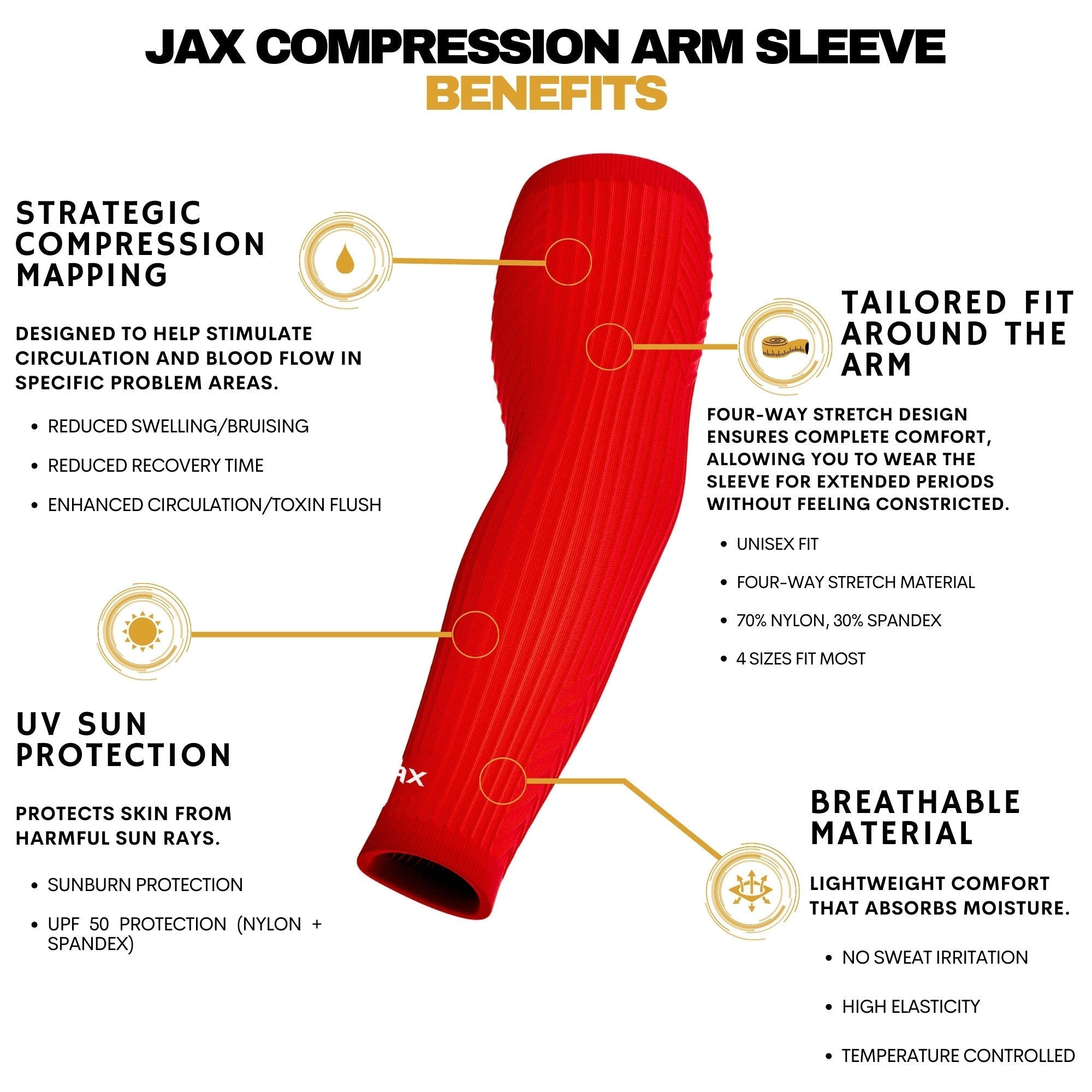 Jax Restore Recovery Premium Arm Sleeve - Compression Support for Tennis, Golf & Workout - Red (Pair) - Relieve Muscle Pain & Improve Circulation for Athletes & Office Workers