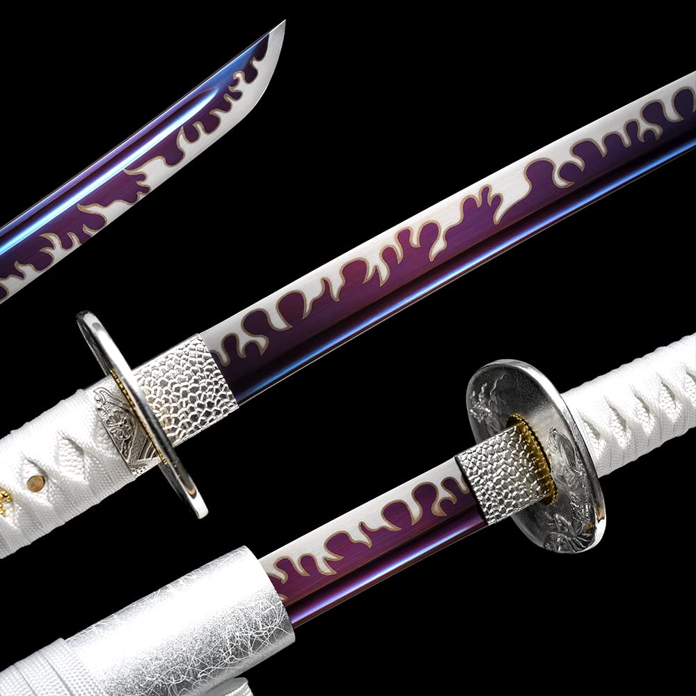 Authentic Full Tang Katana Sword - Hand Forged Manganese Steel Samurai Sword with Purple Scabbard | Japanese Martial Arts, Cosplay, and Collectible Display