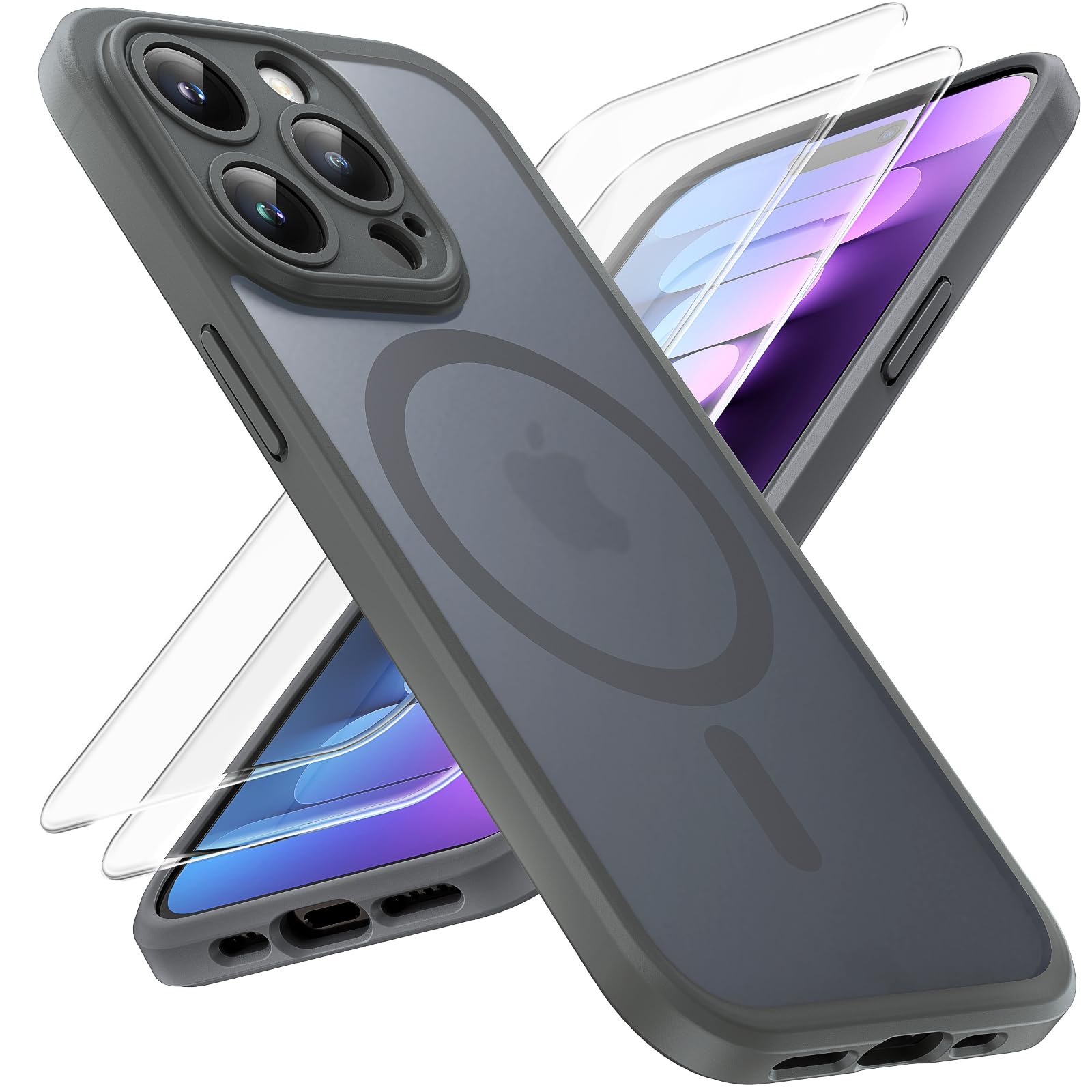 TOCOL 3 in 1 Magnetic iPhone 15 Pro Max Case with Full Camera Protection - Includes 2 Tempered Glass Screen Protectors | Magsafe Compatible | Translucent Matte Back Cover for 6.7