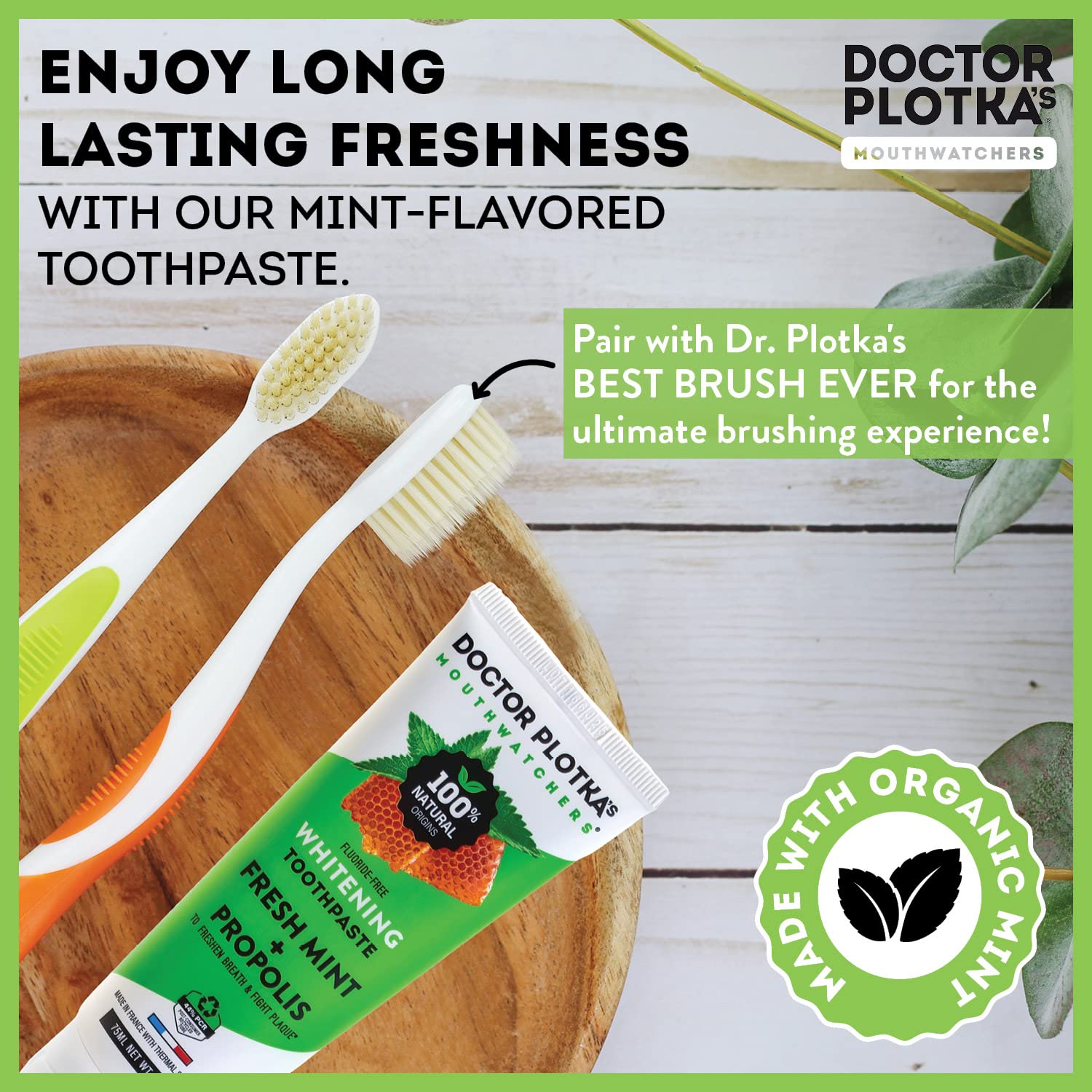 MOUTHWATCHERS Whitening Fluoride Free Natural Toothpaste for Sensitive Teeth & Gums - 2 Pack (3 oz Each) with Organic Mint & Propolis | Gentle Dental Care for Daily Use by Dr. Plotka's | Perfect for Travel & Home Oral Hygiene Routine