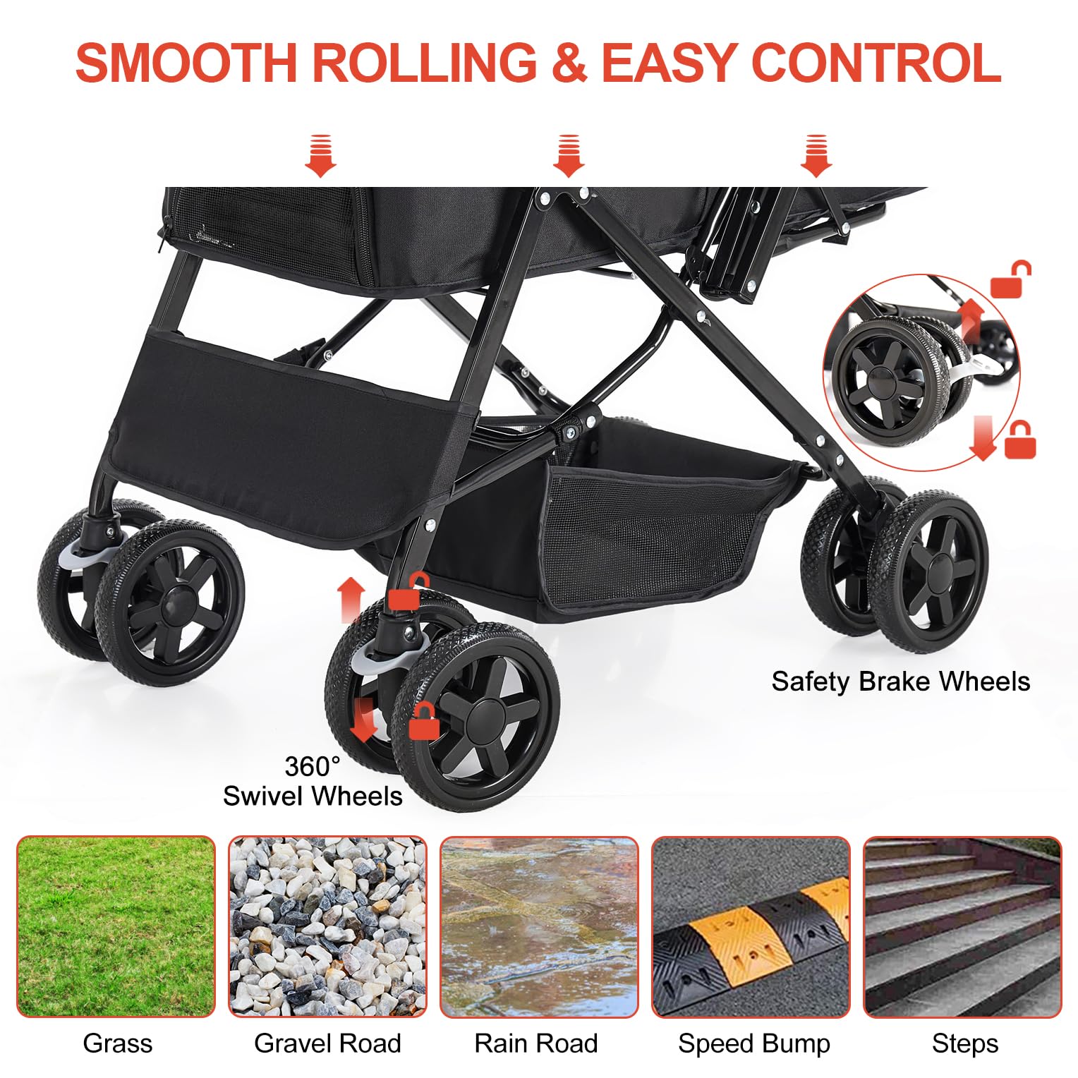 **Foldable Dog Stroller for Large & Medium Dogs & Cats - Reversible Handle, Large Storage Basket - Perfect for Travel, Walks & Vet Visits (Black)**