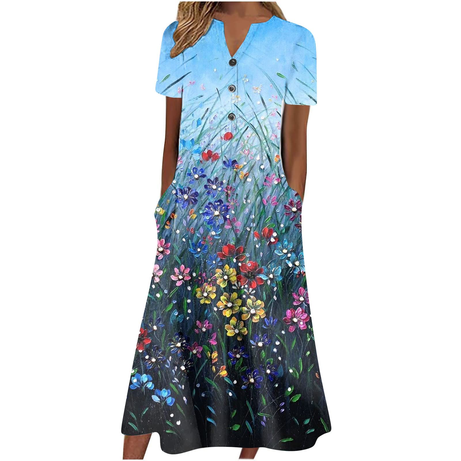 2023 Women's Summer Dresses - Casual V-Neck Button Down Short Sleeve Printed Swing Dress with Pockets | Trendy Tunic & Activewear for Vacation, Cocktail, Work, Wedding & Formal Occasions | Perfect for Beach Outings, Office Wear & Special Events