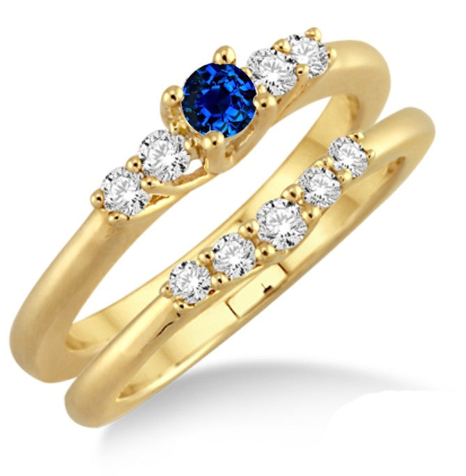1.25 Carat Sapphire & Moissanite Diamond Bridal Ring Set in 10k Yellow Gold - Affordable Wedding Jewelry for Engagement, Proposal & Anniversary Gifts