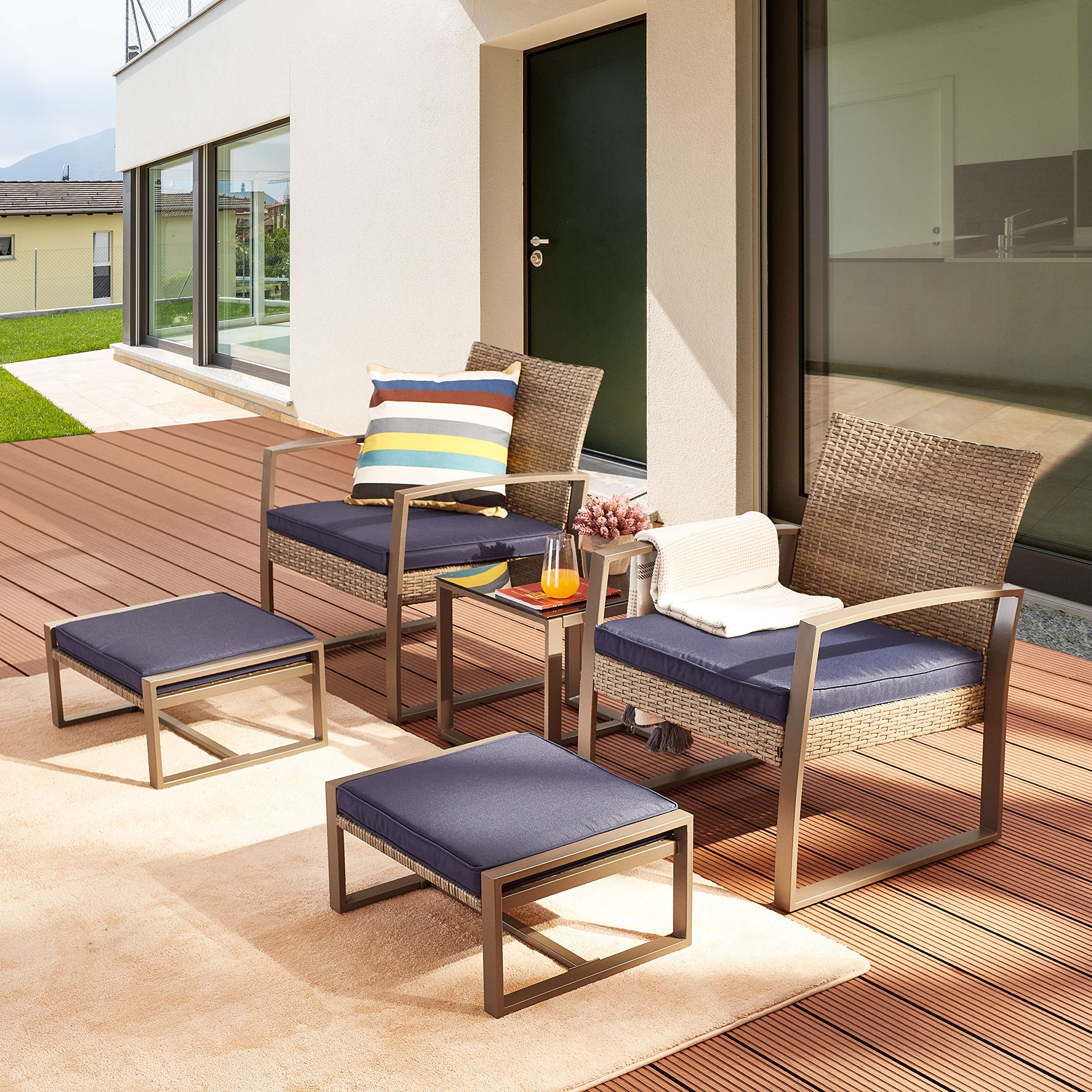 5-Piece Wicker Patio Furniture Set with Cushions - Outdoor PE Rattan Conversation Set Includes Chairs, Ottoman & Side Table for Porch, Balcony, Garden (Blue) - Perfect for Backyard Relaxation & Outdoor Entertaining