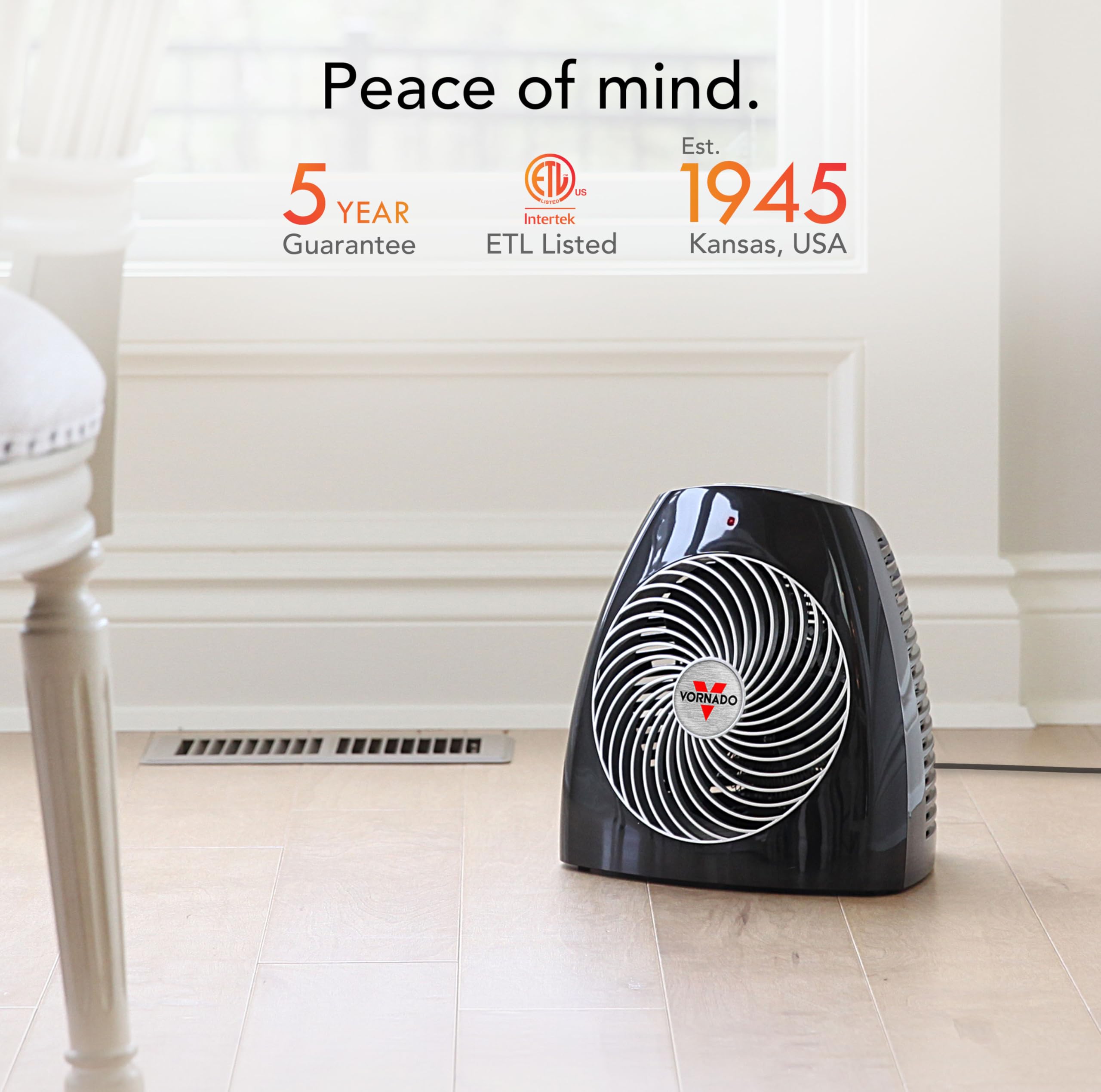 Vornado MVH Space Heater with 3 Heat Settings, Adjustable Thermostat, Tip-Over Protection & Auto Shut-Off - Fast Whole Room Heating for Winter | Ideal for Bedroom, Office, Living Room & Indoor Use | Energy Efficient & Safe (Black)