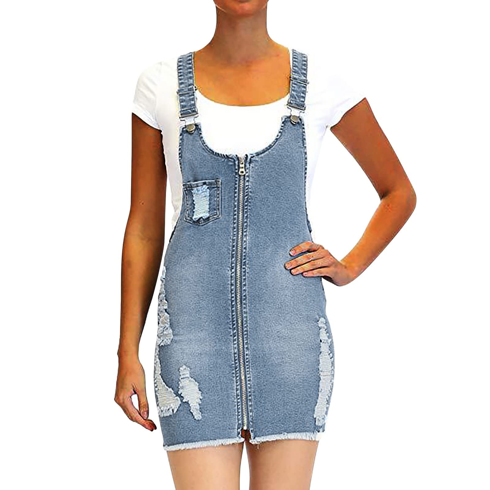 Women's Distressed Denim Overalls Dress - Adjustable Straps, Maxi Length Summer Jumpsuit for Casual Outings & Boho Style