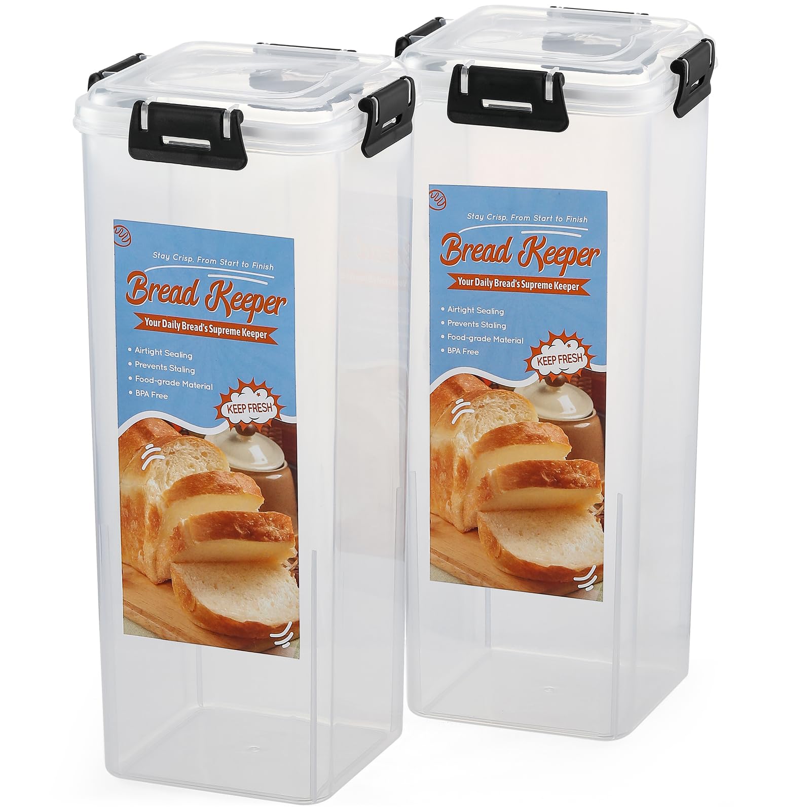 AOZITA 2 Pack Airtight Bread Storage Container with Lid - Plastic Sandwich Bread Keeper Box for Fresh Loaf Storage | Perfect for Kitchen Countertop, Pantry Organization & Keeping Bread Fresh Longer