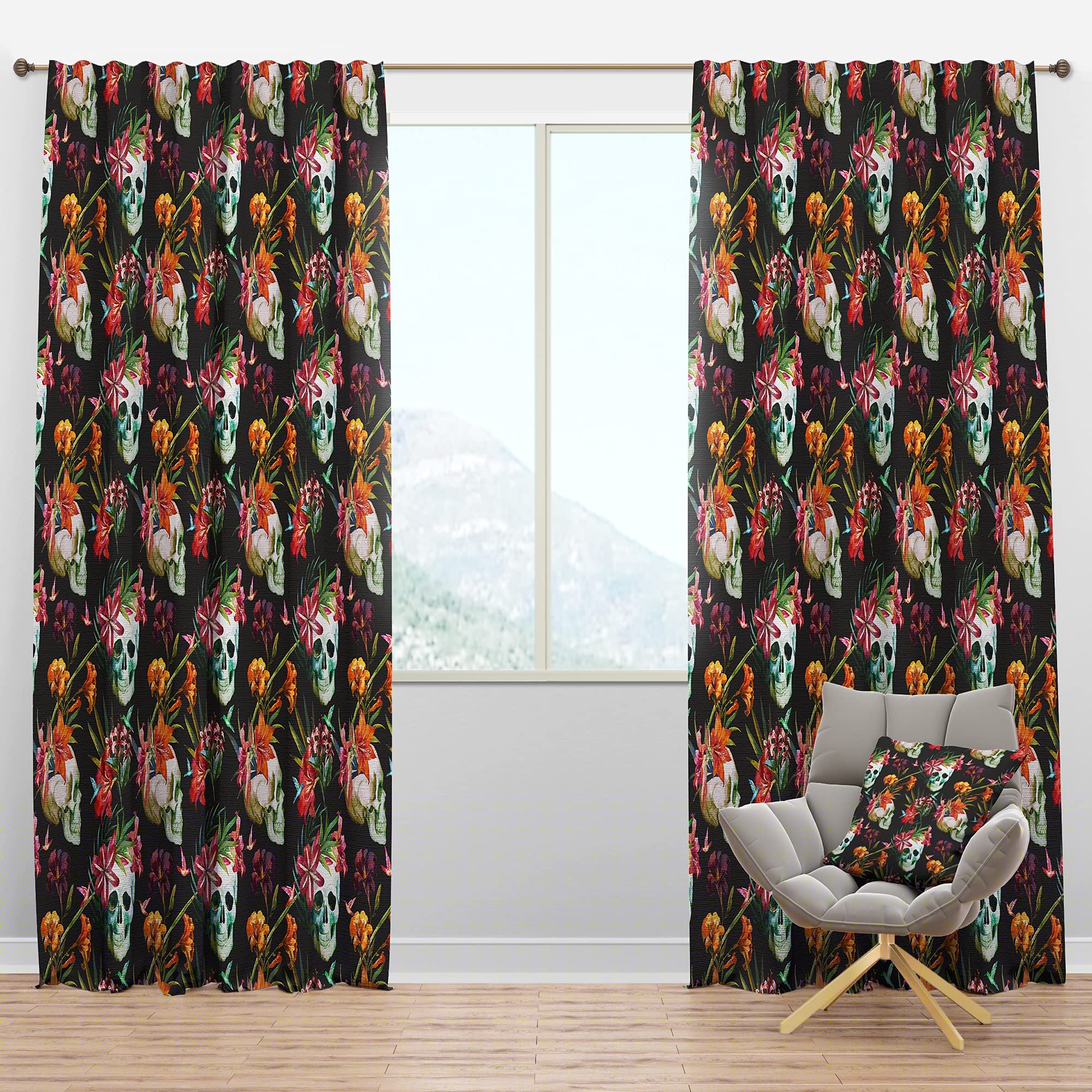 DesignQ Blackout Curtains 'Skull and Flowers' Pattern - Thermal Insulated Room Darkening Drapes for Bedroom & Living Room (52x90, Single Panel) - Perfect for Light Sleepers, Home Theater & Energy Efficiency