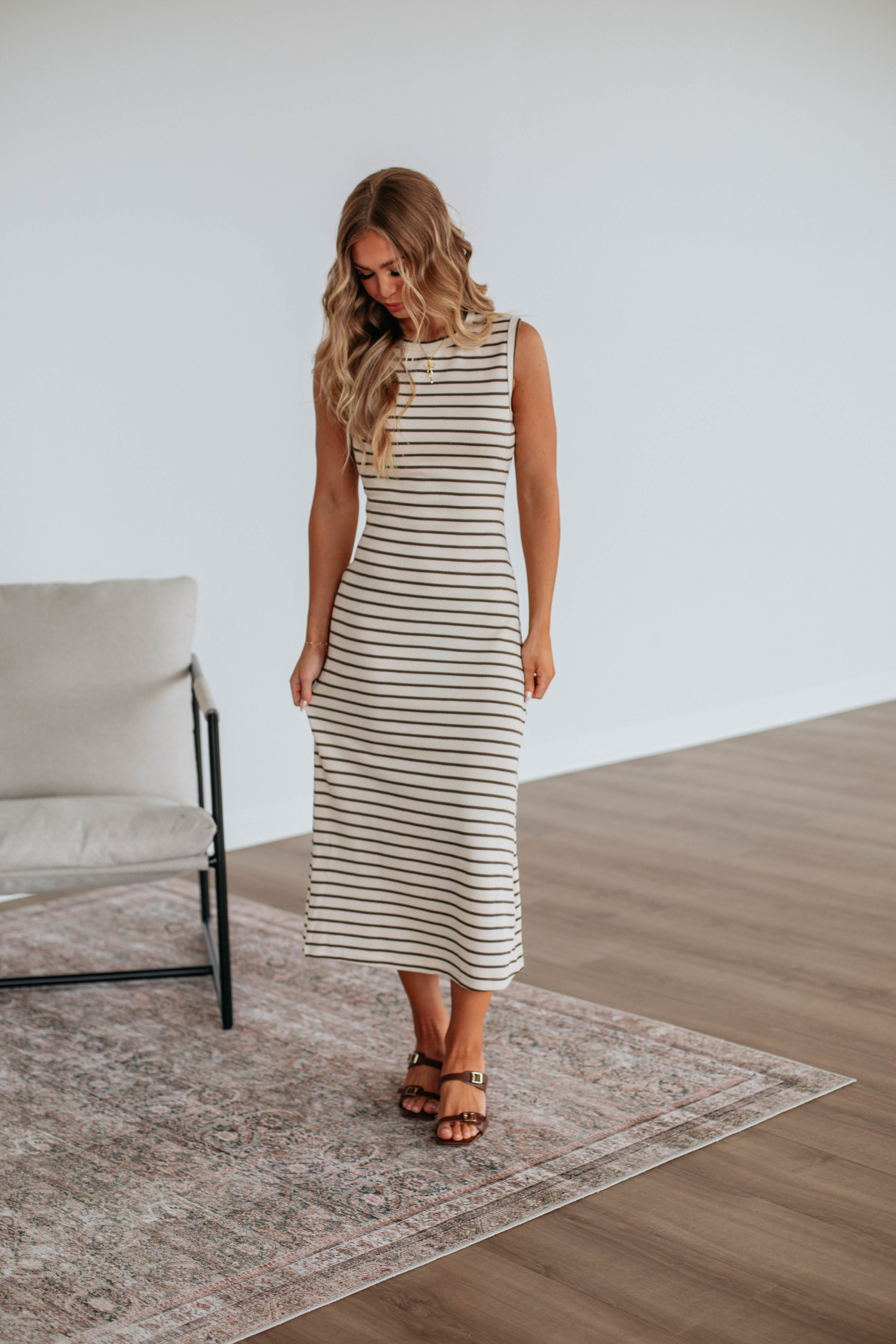 Claudelle Women's Striped Midi Dress in Mocha Mix - Casual Summer Dress for Beach, Vacation & Everyday Wear
