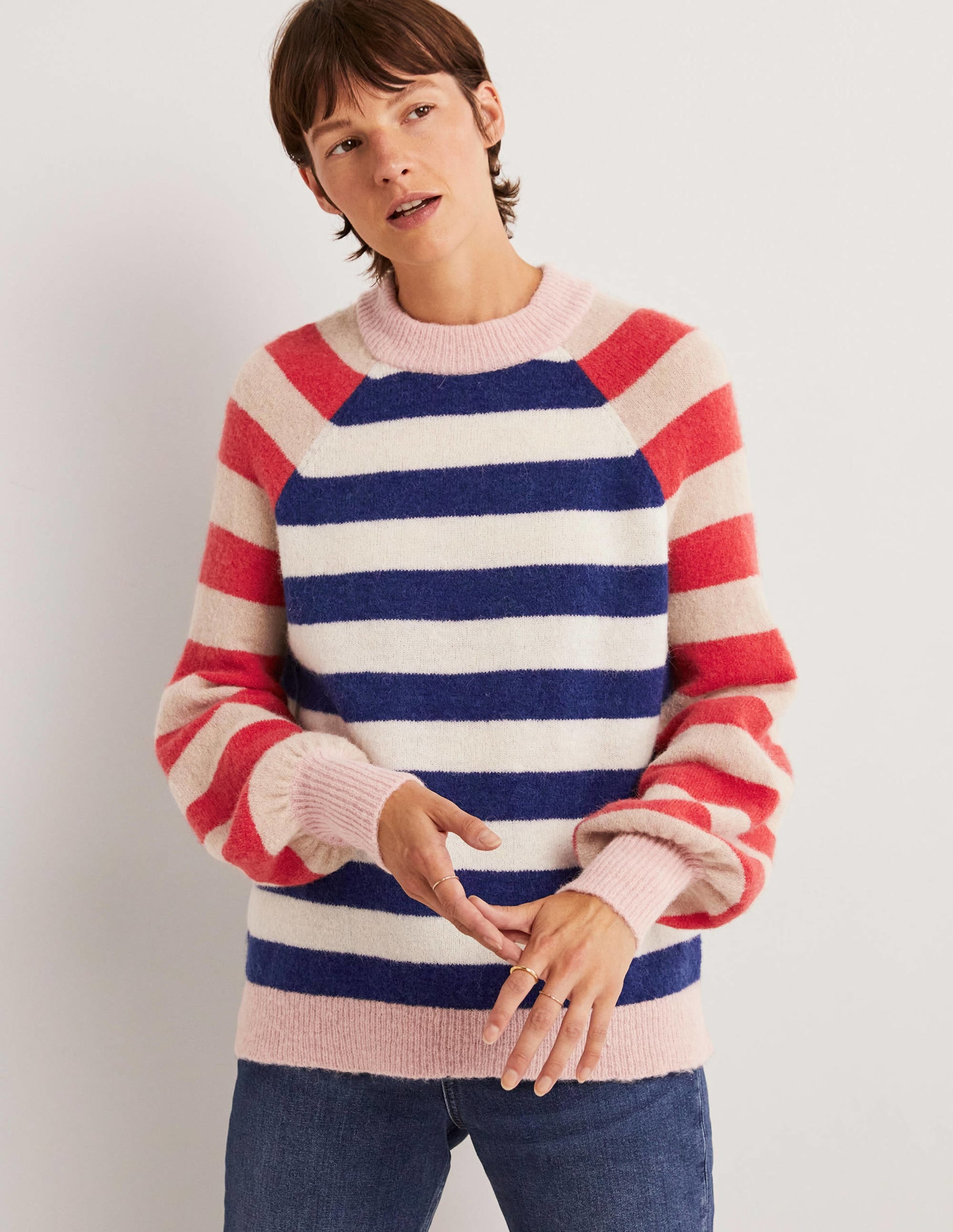 Fluffy Starboard Ivory Mixed Stripe Blouson Sleeve Sweater - Cozy Winter Knitwear for Women, Perfect for Casual Outings & Holiday Gatherings