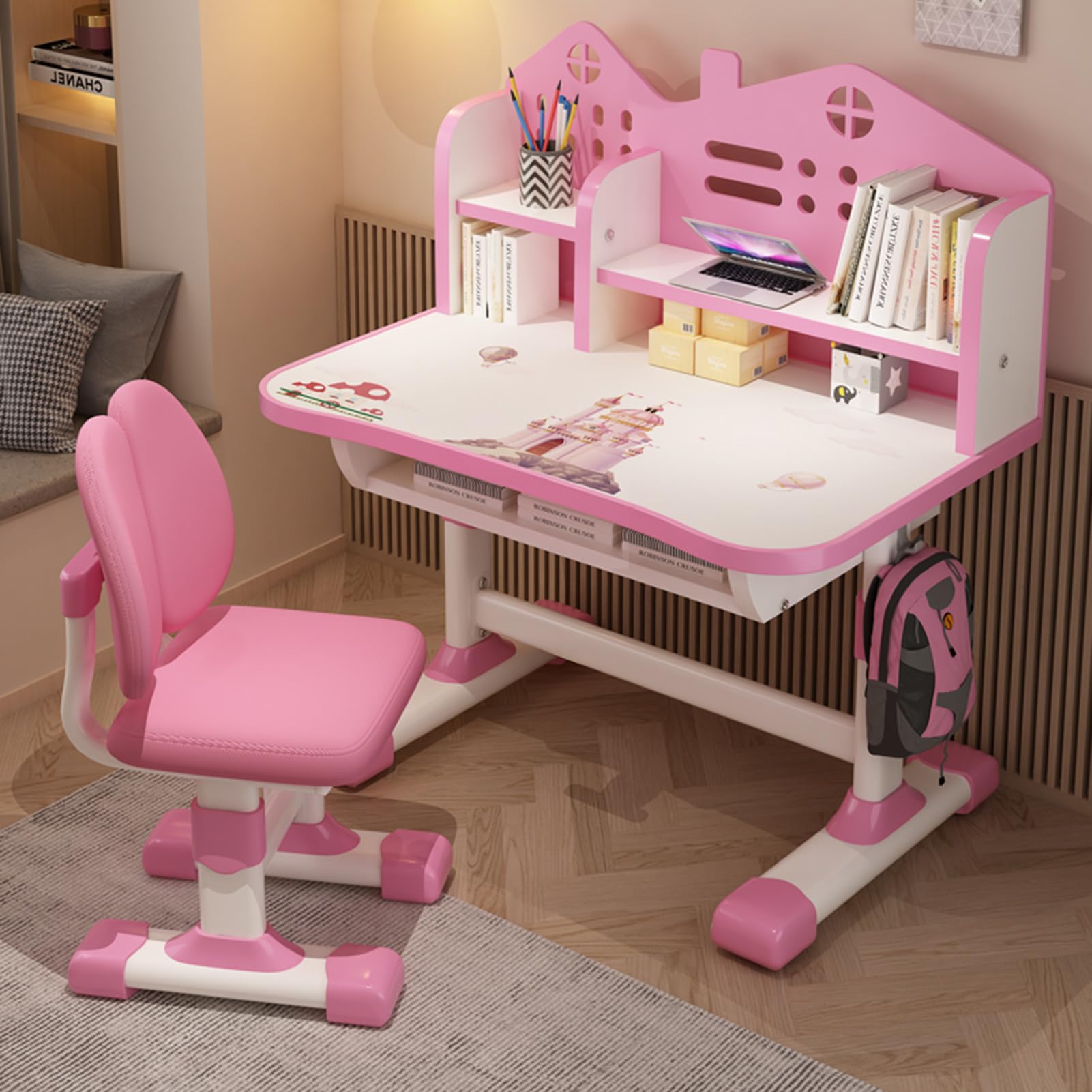 Adjustable Height Kids Desk and Chair Set with Storage - Ergonomic Study Table for Boys & Girls, Includes Drawers & Bookshelf - Perfect for Homework, Online Learning & Reading