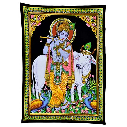 Lord Krishna Playing Flute Cotton Painting - Handmade Indian Wall Art Decor for Home, Temple & Meditation Room | Spiritual Gift for Krishna Devotees