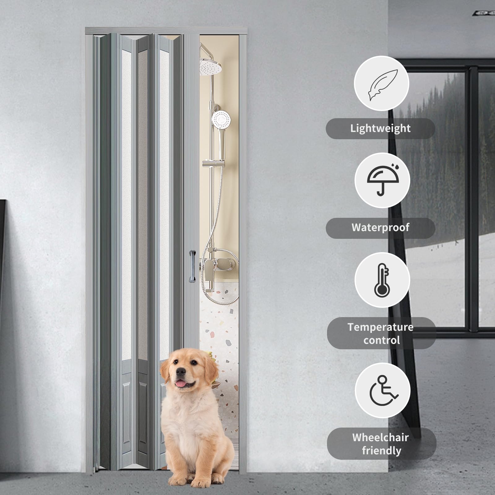 30X80 Inch Grey PVC Accordion Folding Door with Acrylic Glass & Mounting Hardware - Space Saving Multifold Closet Door for Bedroom, Office & Storage Areas